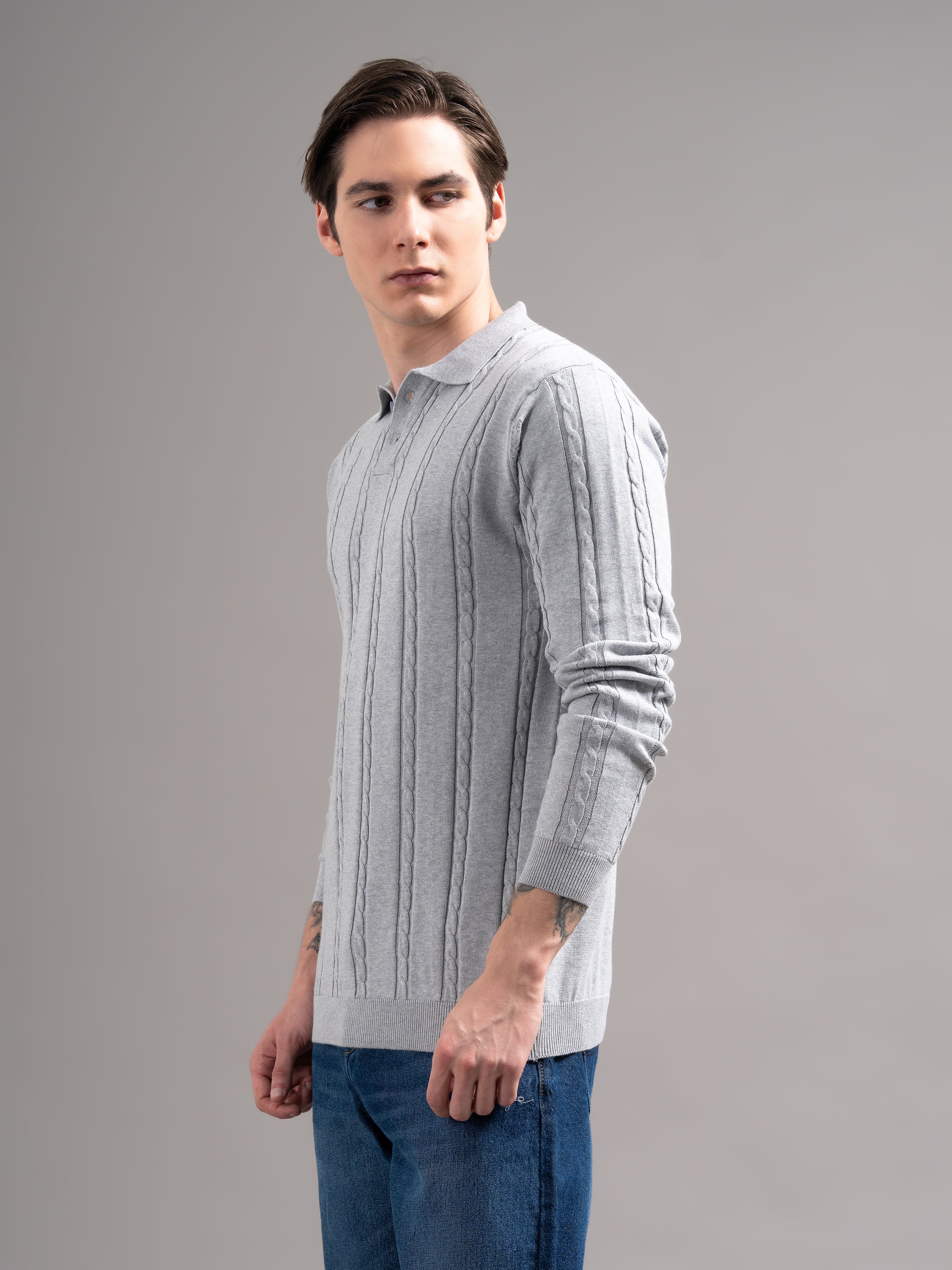 Men Cable Knit Polo T-Shirt