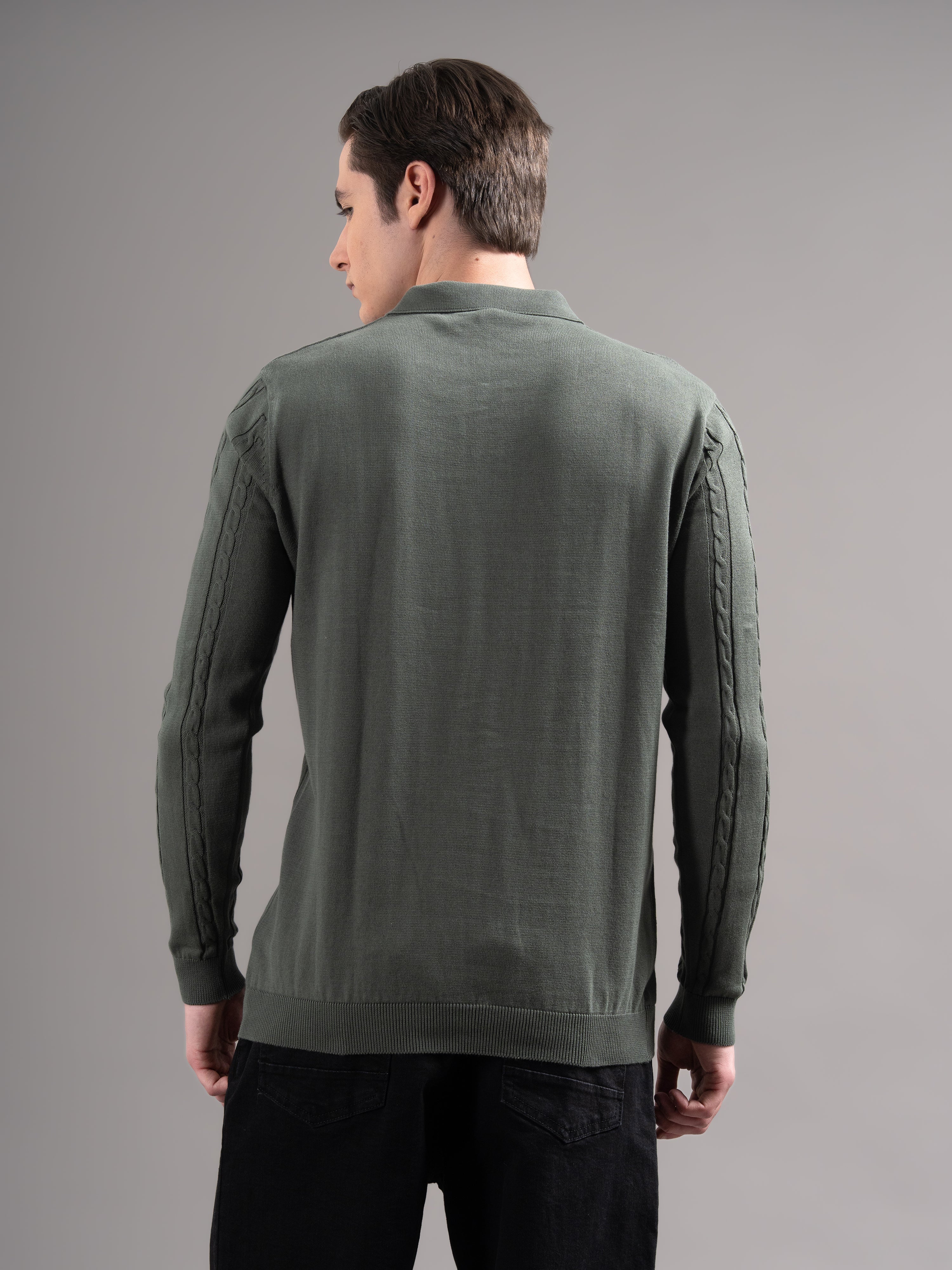 Men Cable Olive Knit Polo T-Shirt