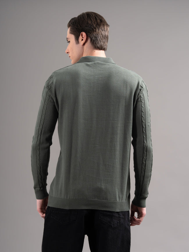 Men Cable Olive Knit Polo T-Shirt
