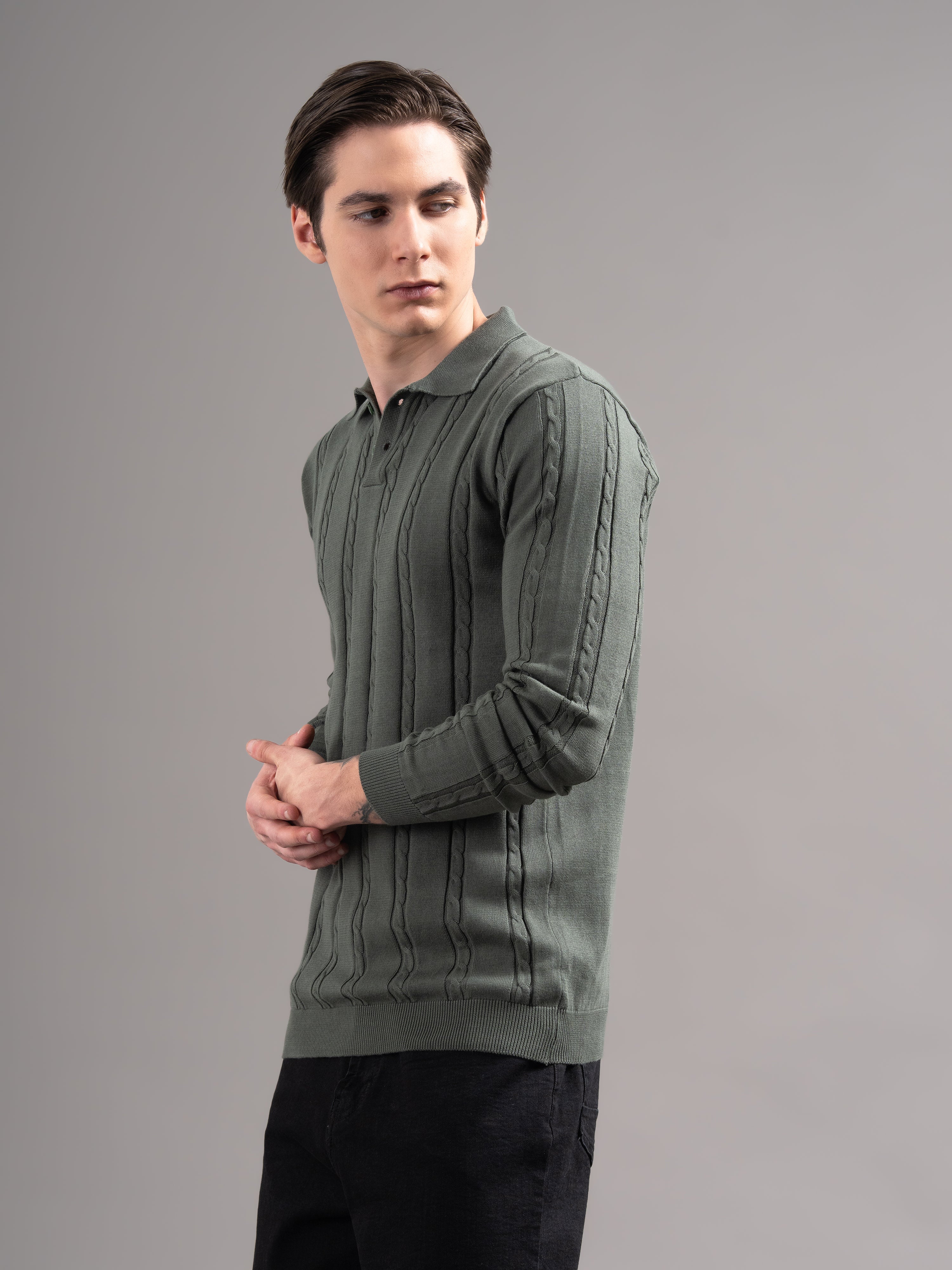 Men Cable Olive Knit Polo T-Shirt