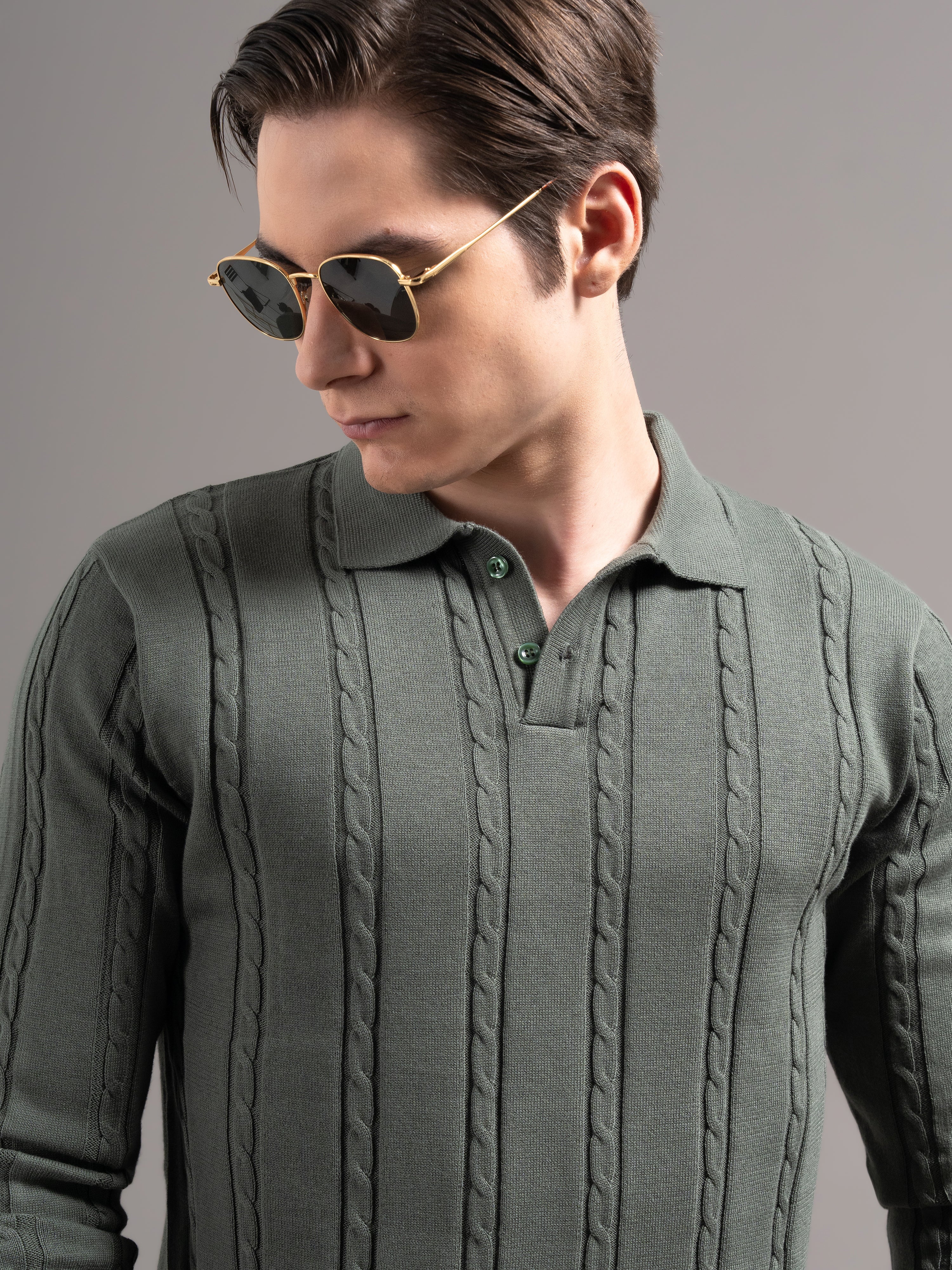 Men Cable Olive Knit Polo T-Shirt