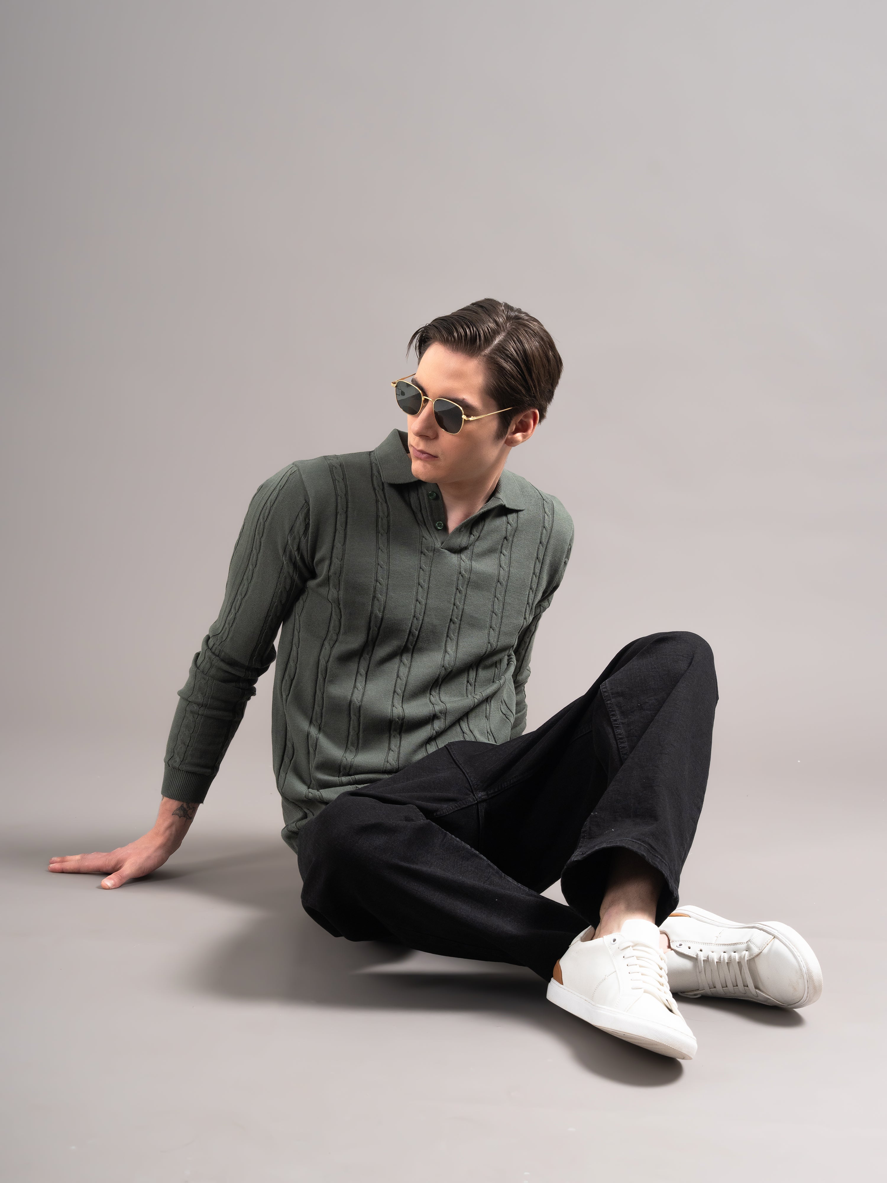 Men Cable Olive Knit Polo T-Shirt