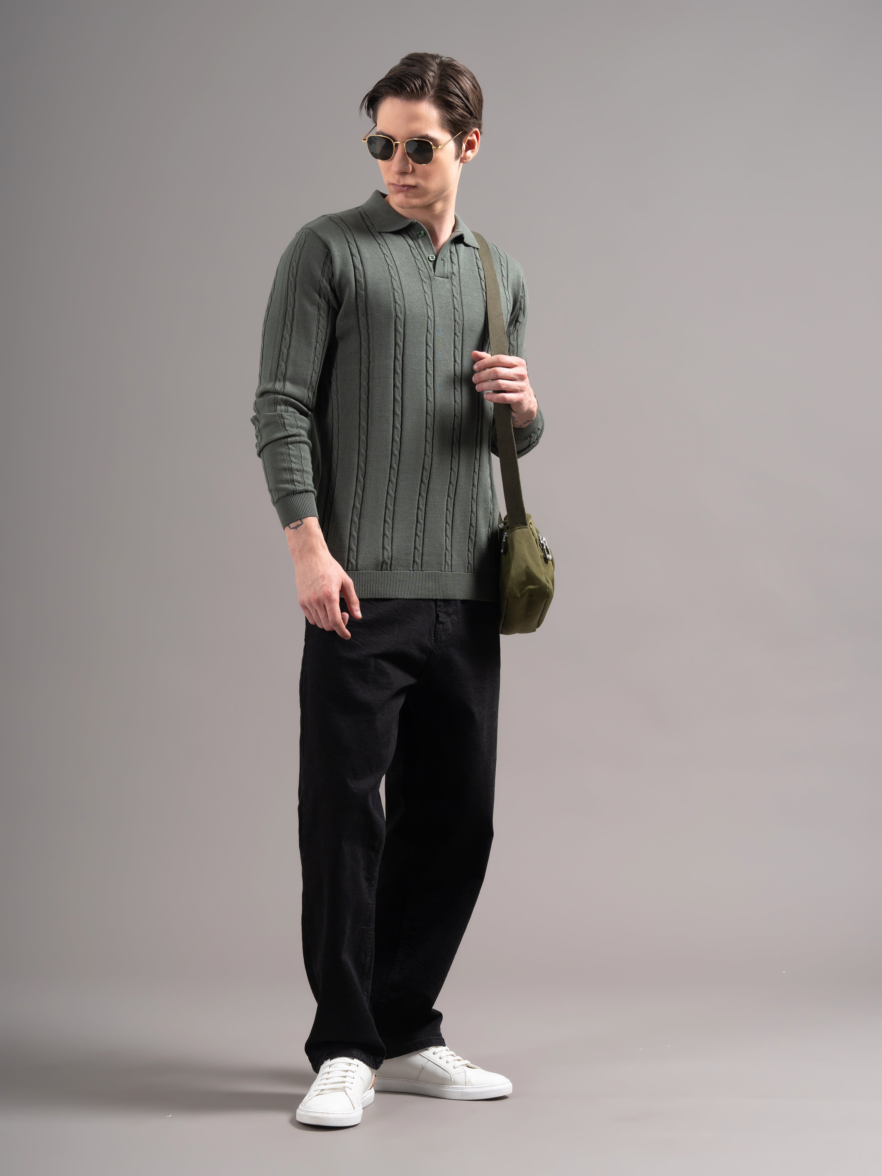Men Cable Olive Knit Polo T-Shirt