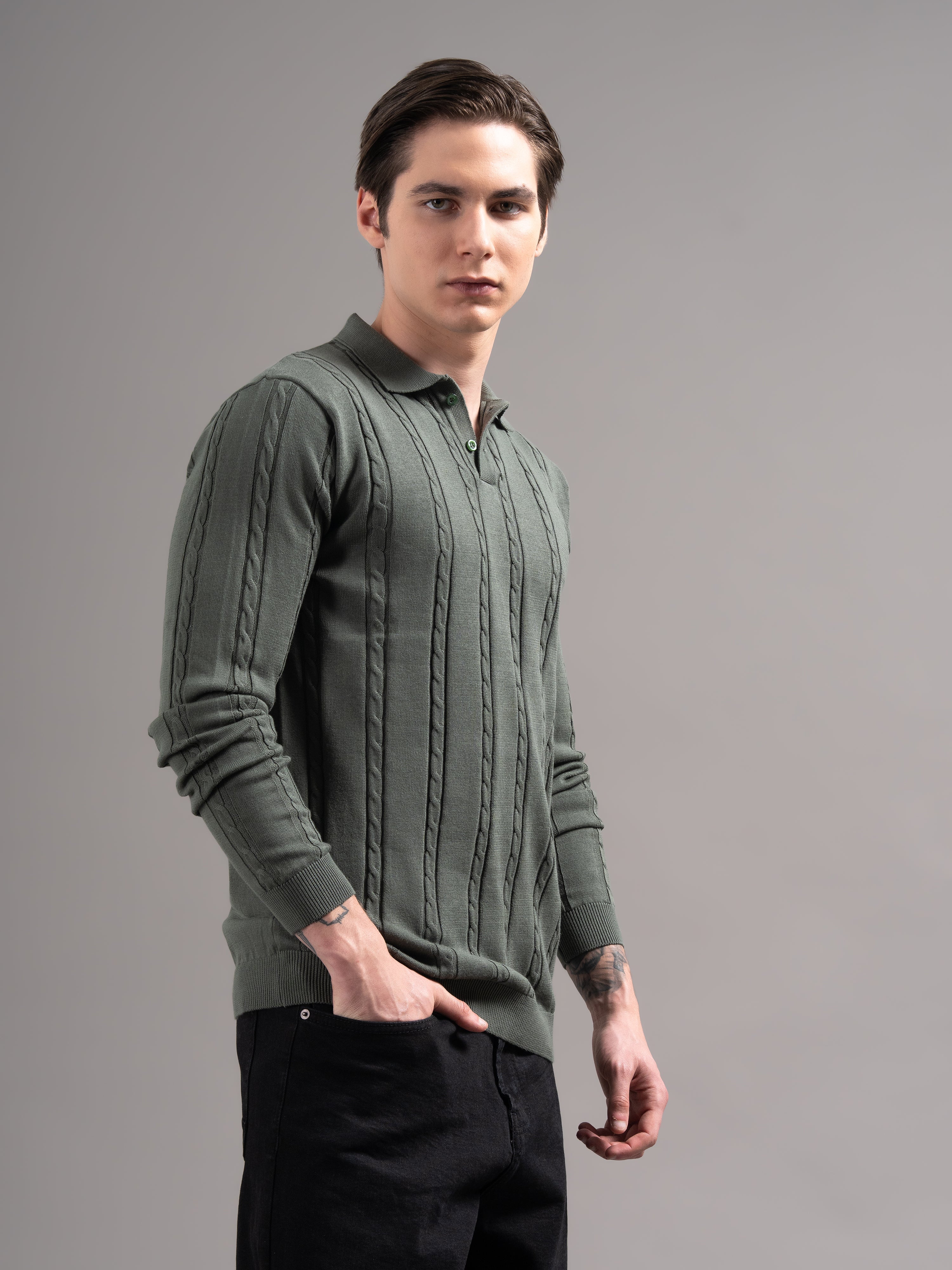 Men Cable Olive Knit Polo T-Shirt