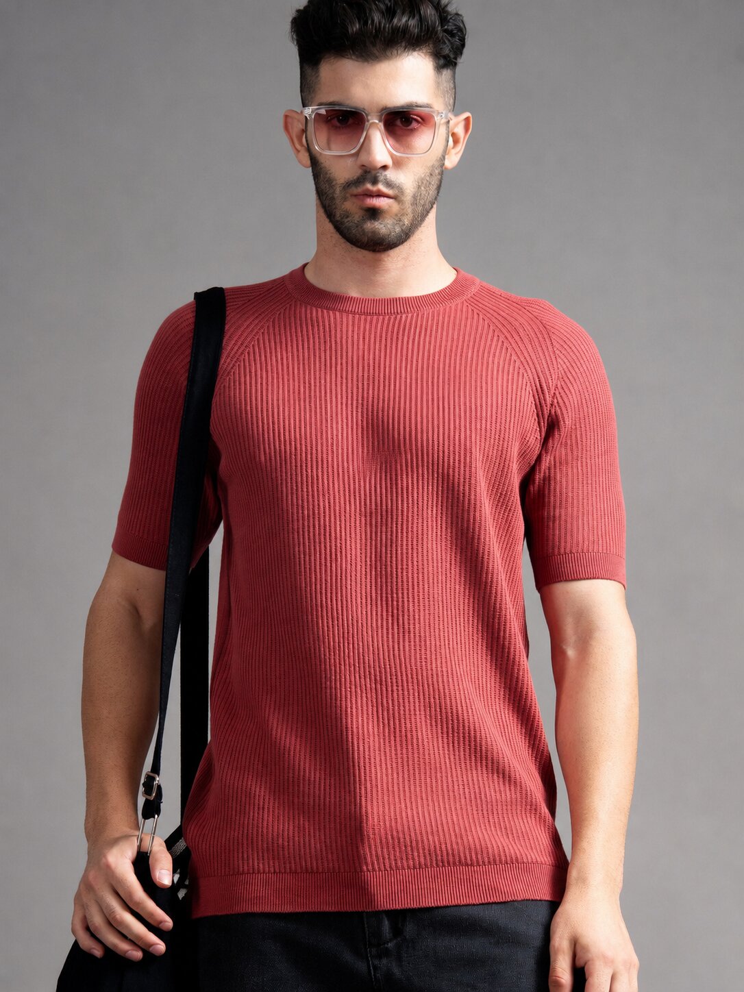 Men Daro Coral Red Knit T-Shirt