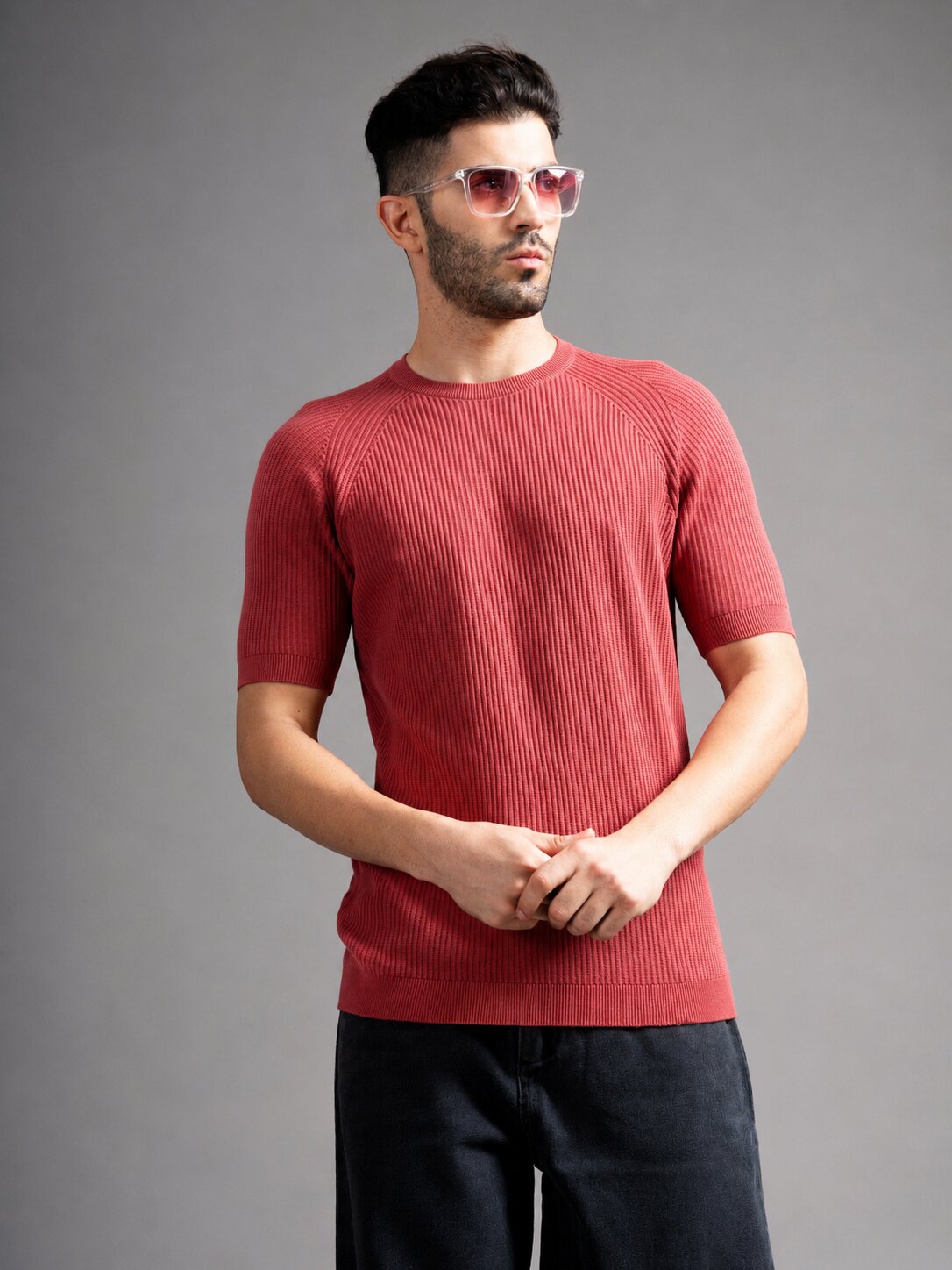 Men Daro Coral Red Knit T-Shirt
