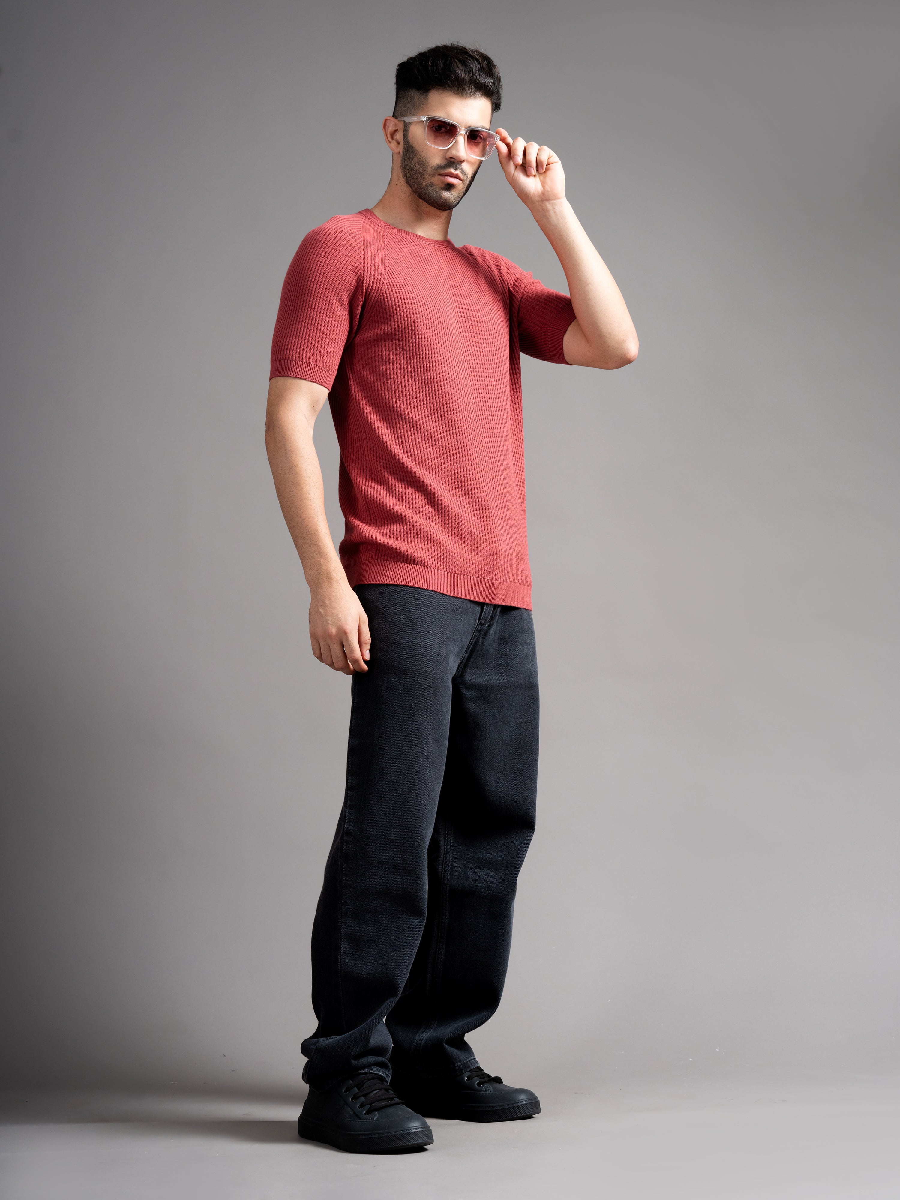 Men Daro Coral Red Knit T-Shirt