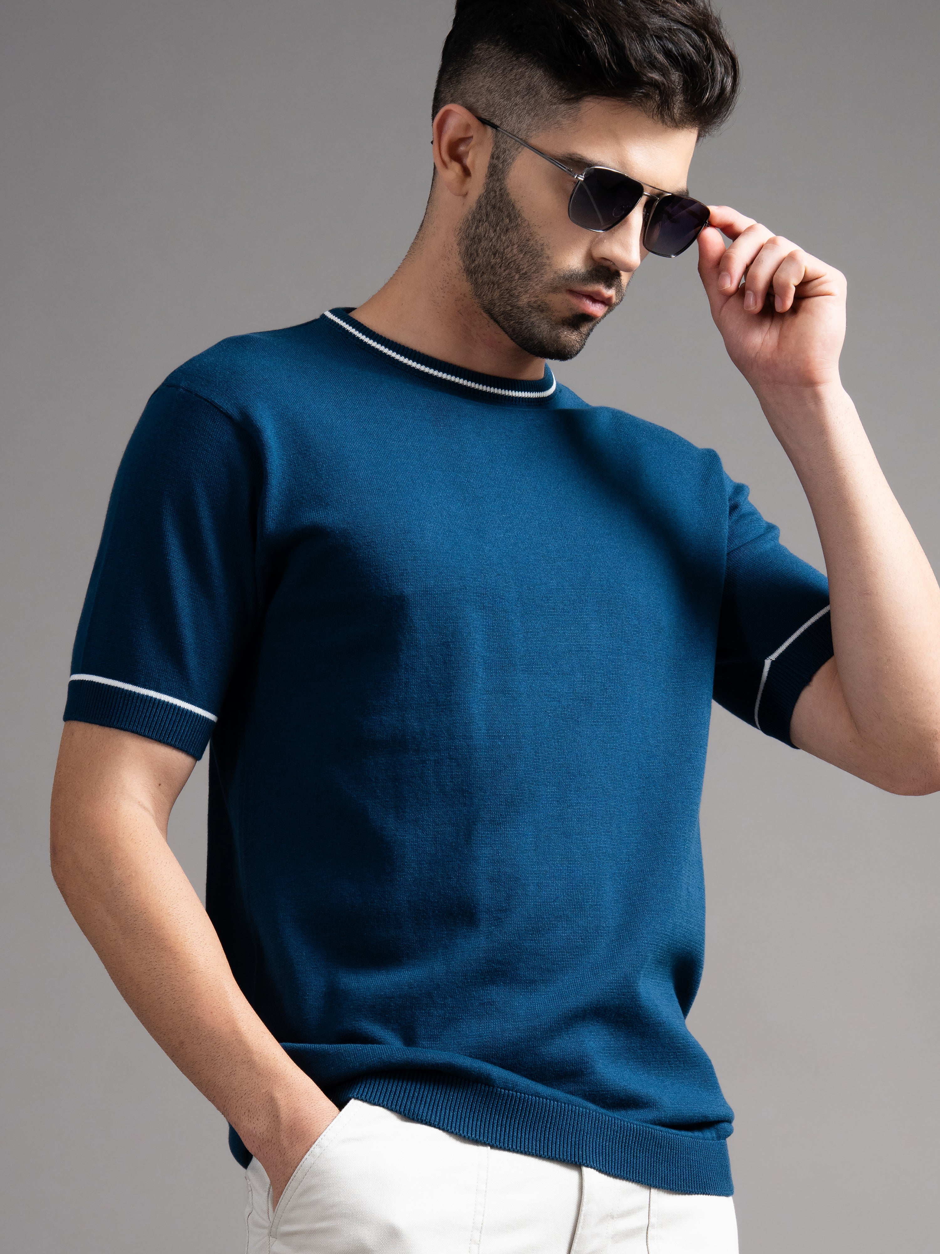 Men Davor Teal Knit T-Shirt