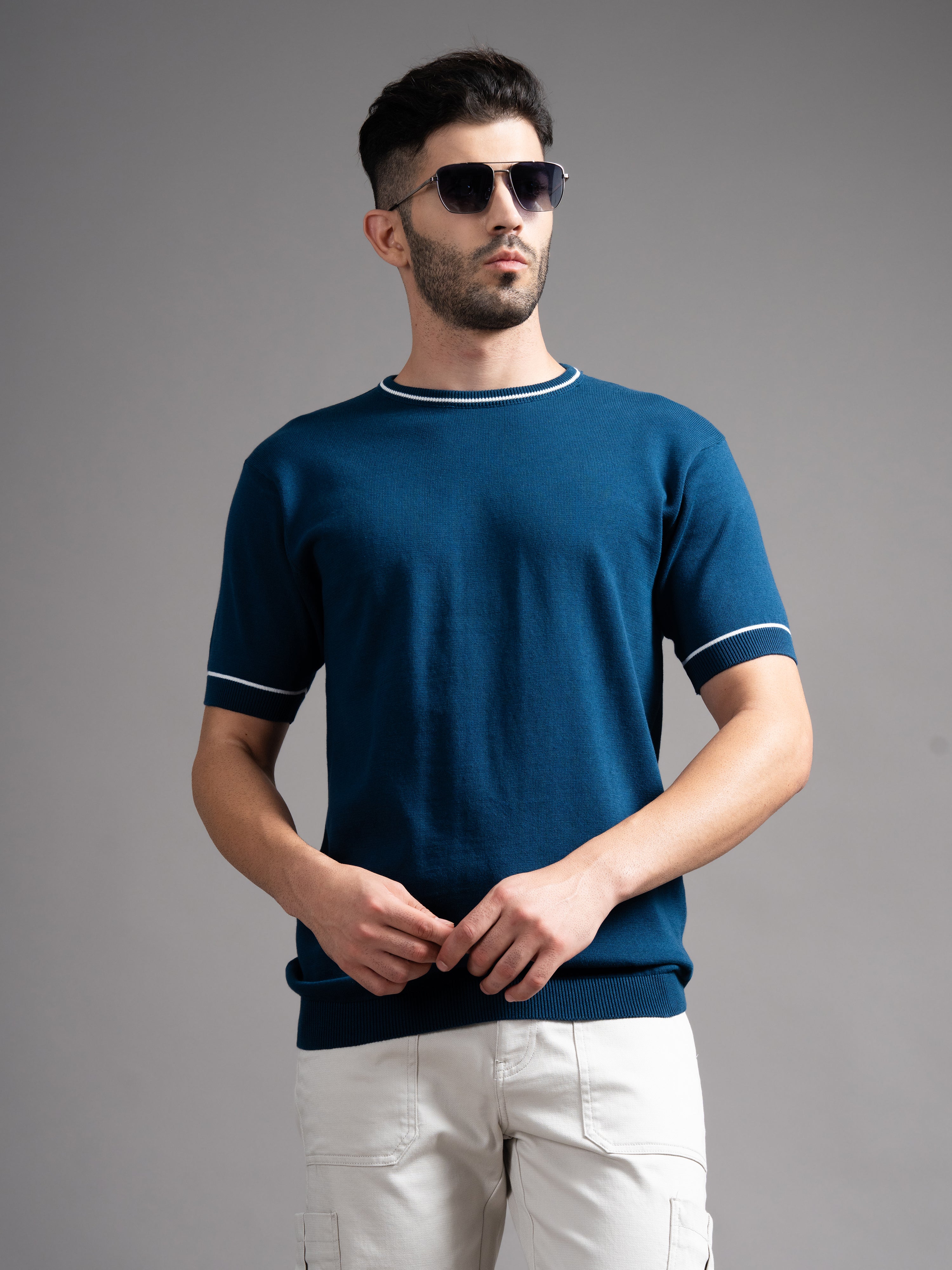 Men Davor Teal Knit T-Shirt