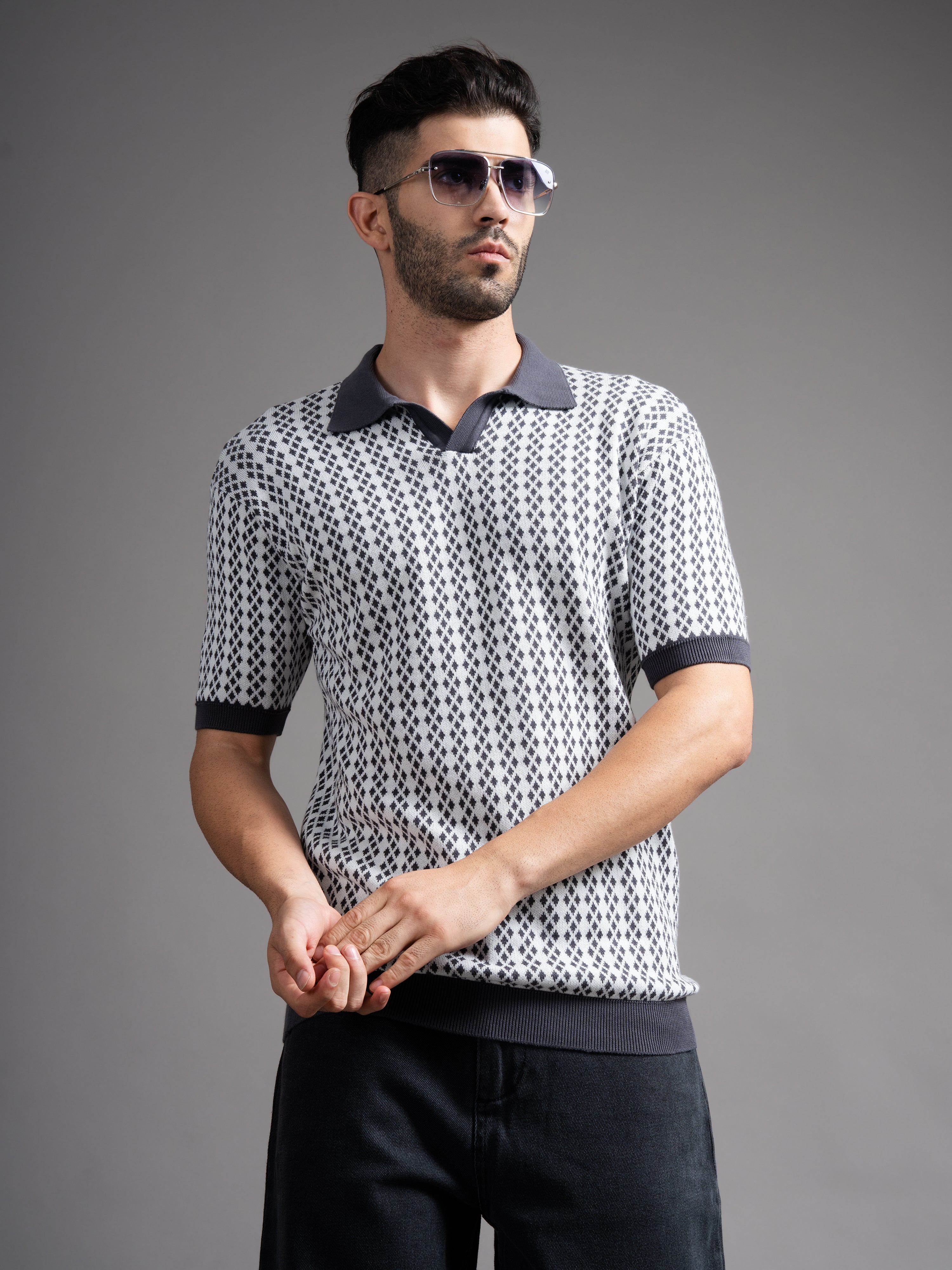 Men Davren Grey Knit Polo T-Shirt