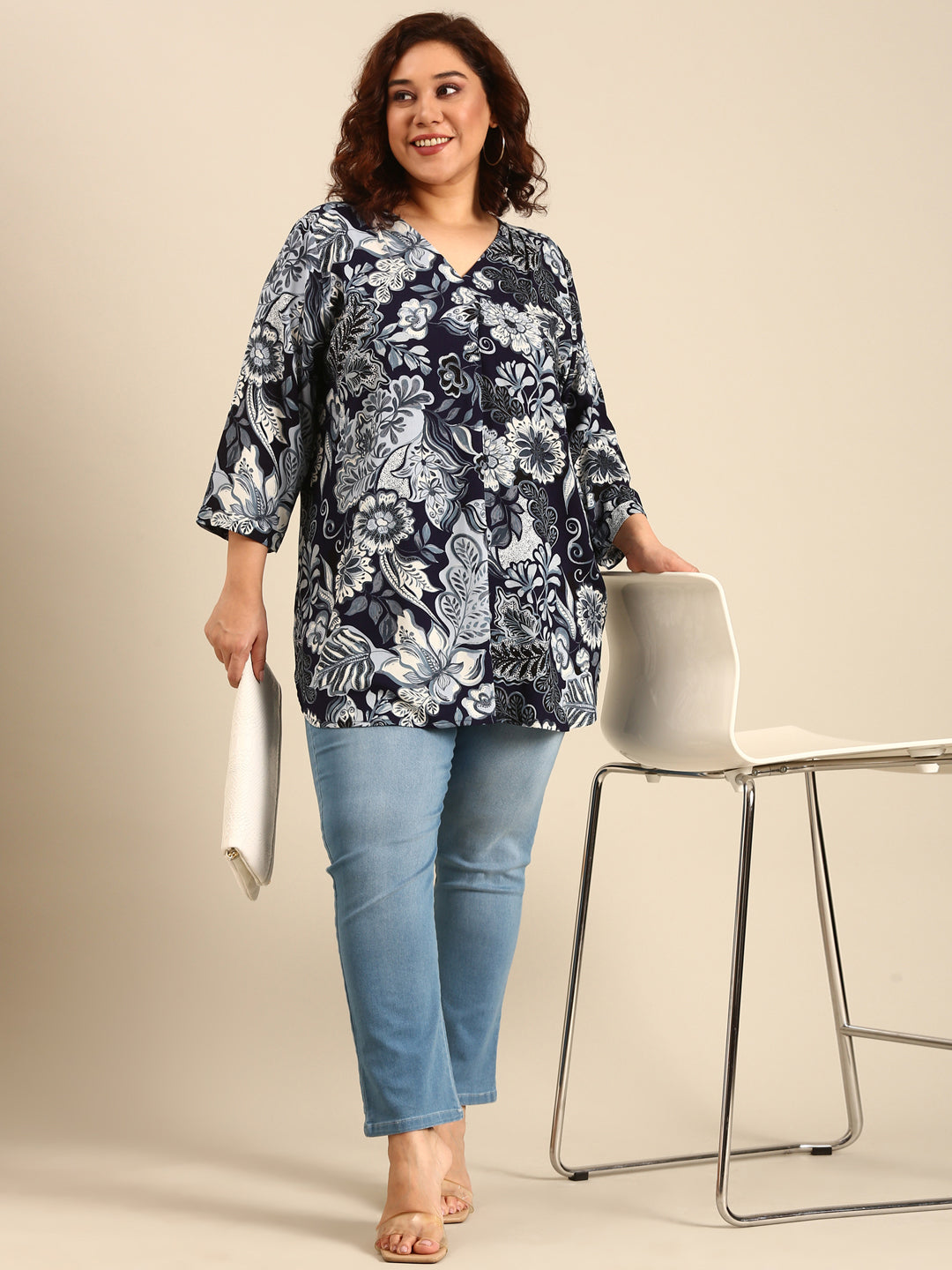 Women Navy Floral Long Tunic