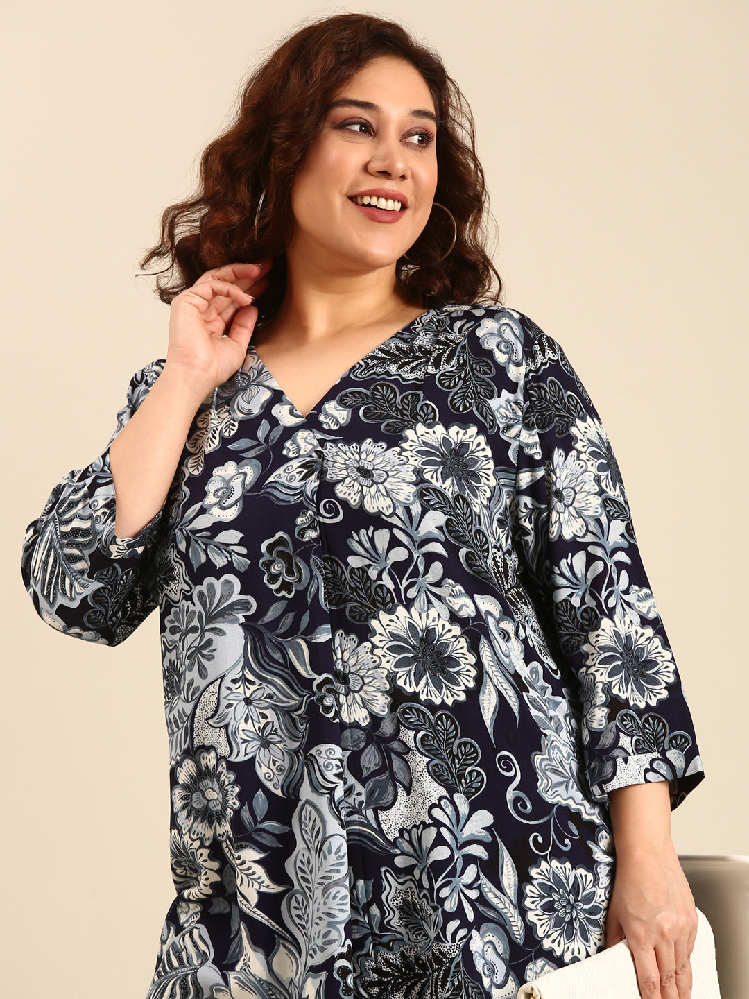 Women Navy Floral Long Tunic