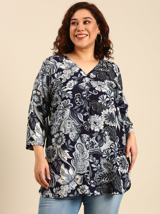 Women Navy Floral Long Tunic