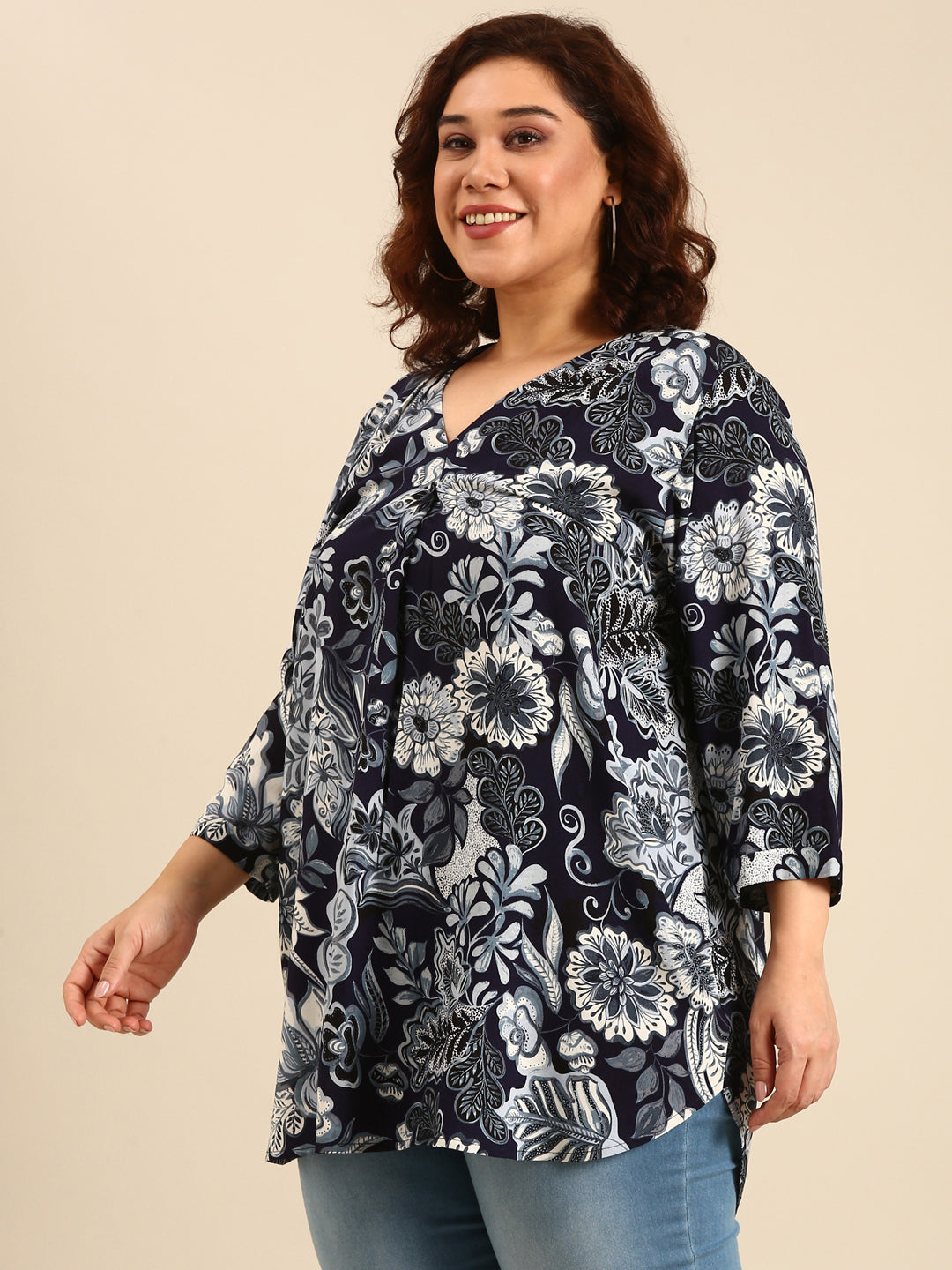 Women Navy Floral Long Tunic