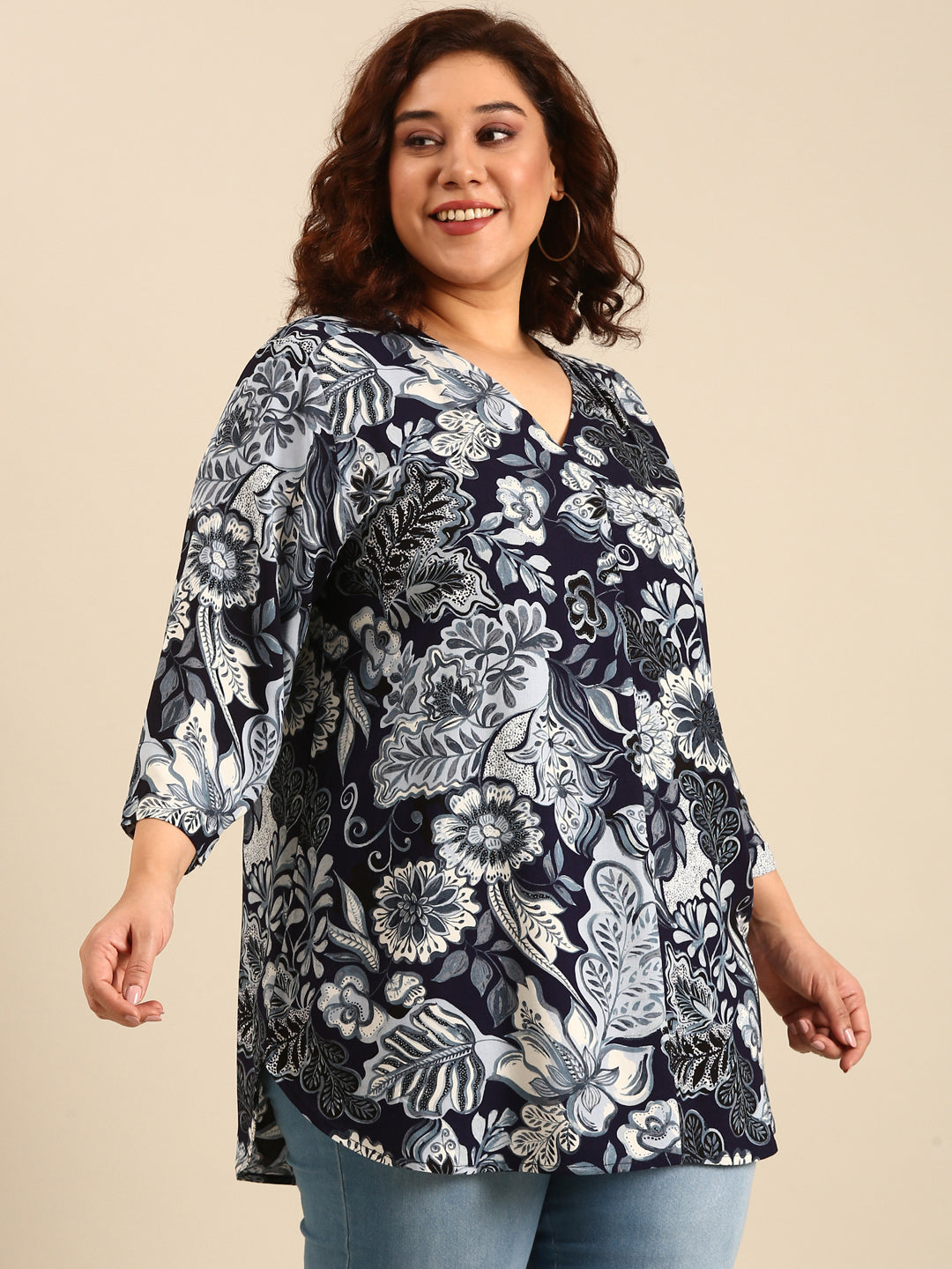 Women Navy Floral Long Tunic