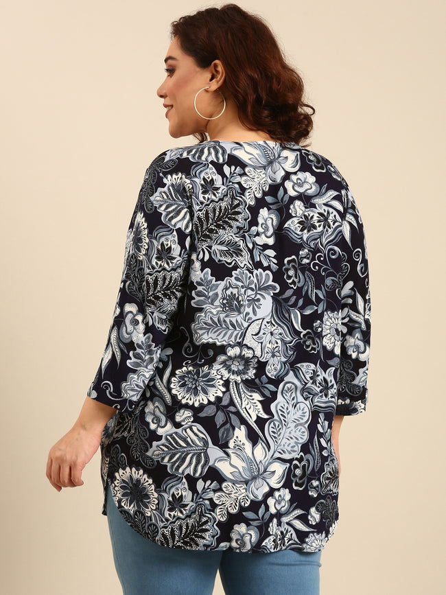 Women Navy Floral Long Tunic