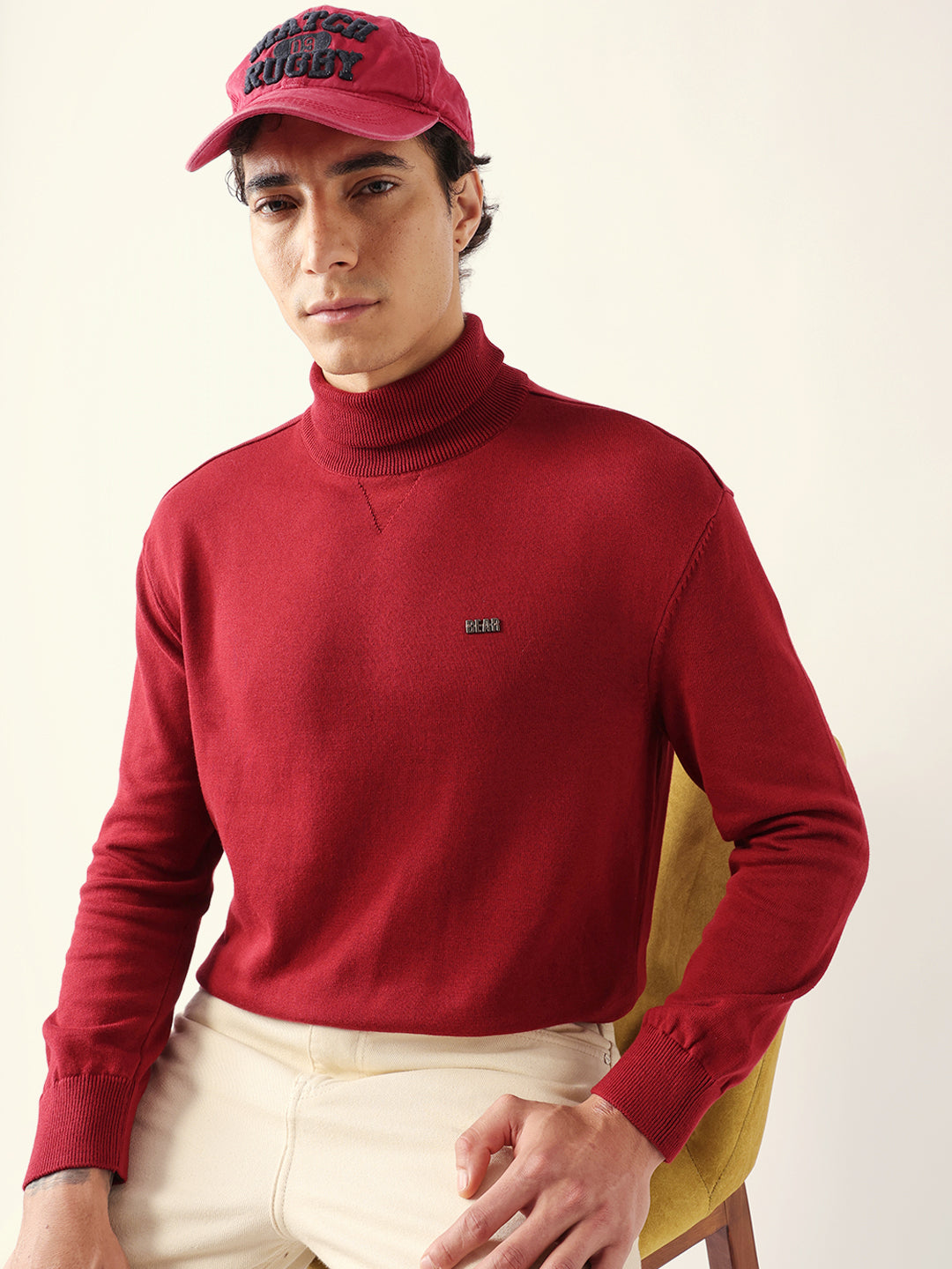 Men Maroon Cotton Solid T-Shirt
