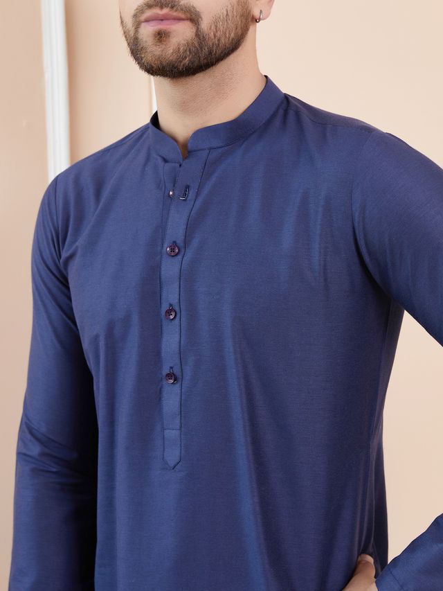 Men Blue Cotton Solid Straight Kurta