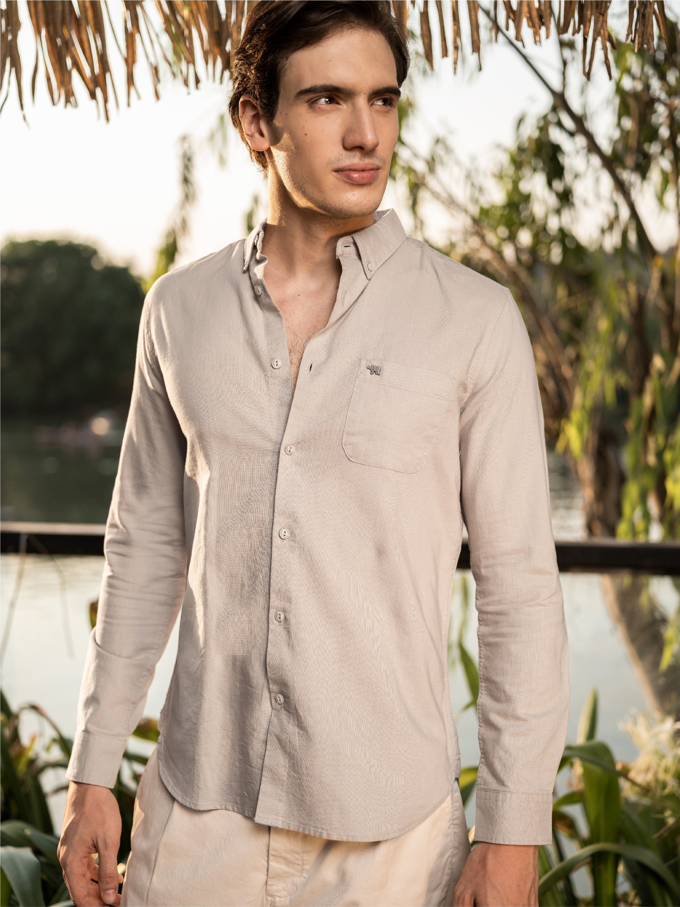 Men Beige Solid Slim Fit Cotton Shirt