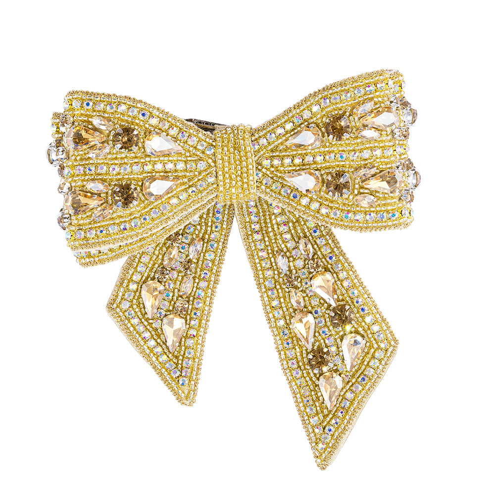 Gold Embellished Crystal Hair Bow Barrette Clip