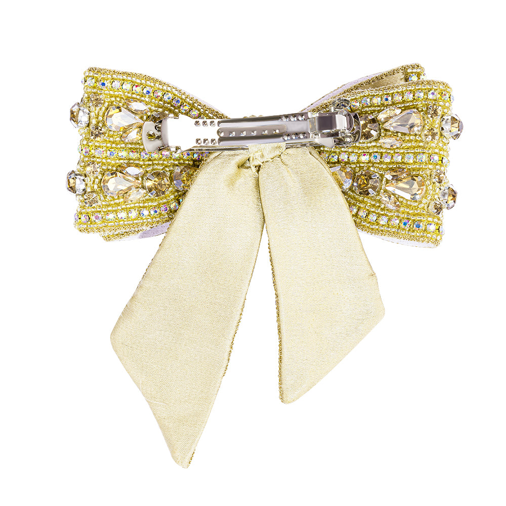 Gold Embellished Crystal Hair Bow Barrette Clip