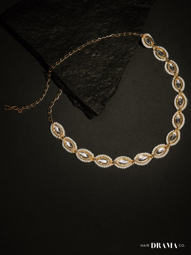 Women Gold Oval Matthapatti With Pearl And Crystal
