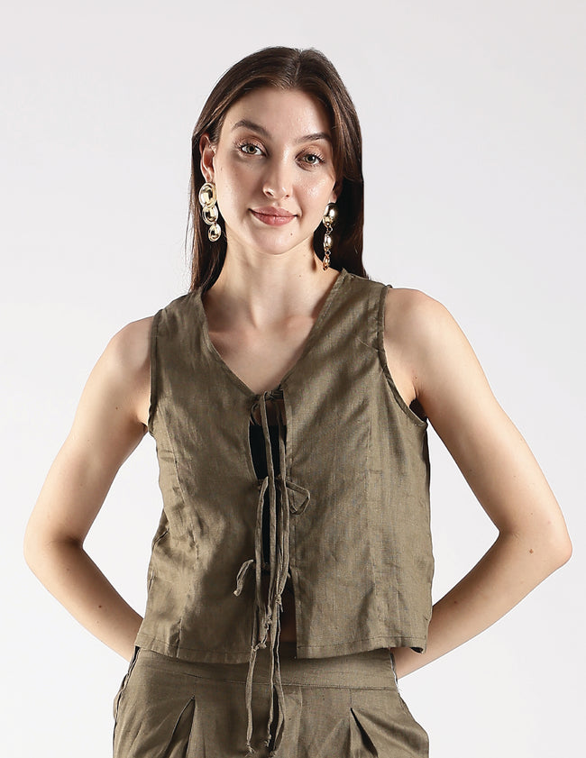 Women Olive Pure Linen Sleeveless Top With Front Tie-Ups