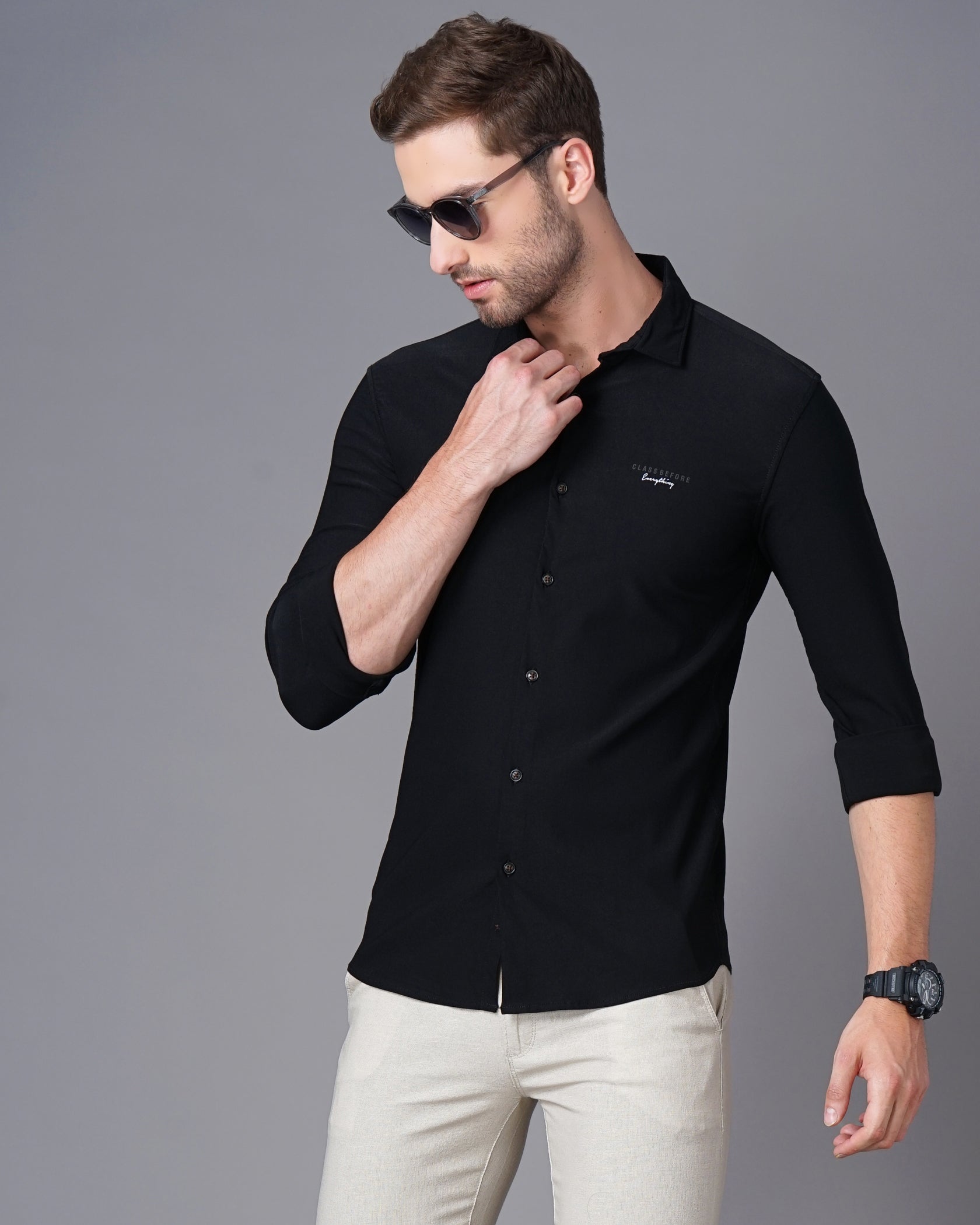Men Black Cotton Slim Shirt