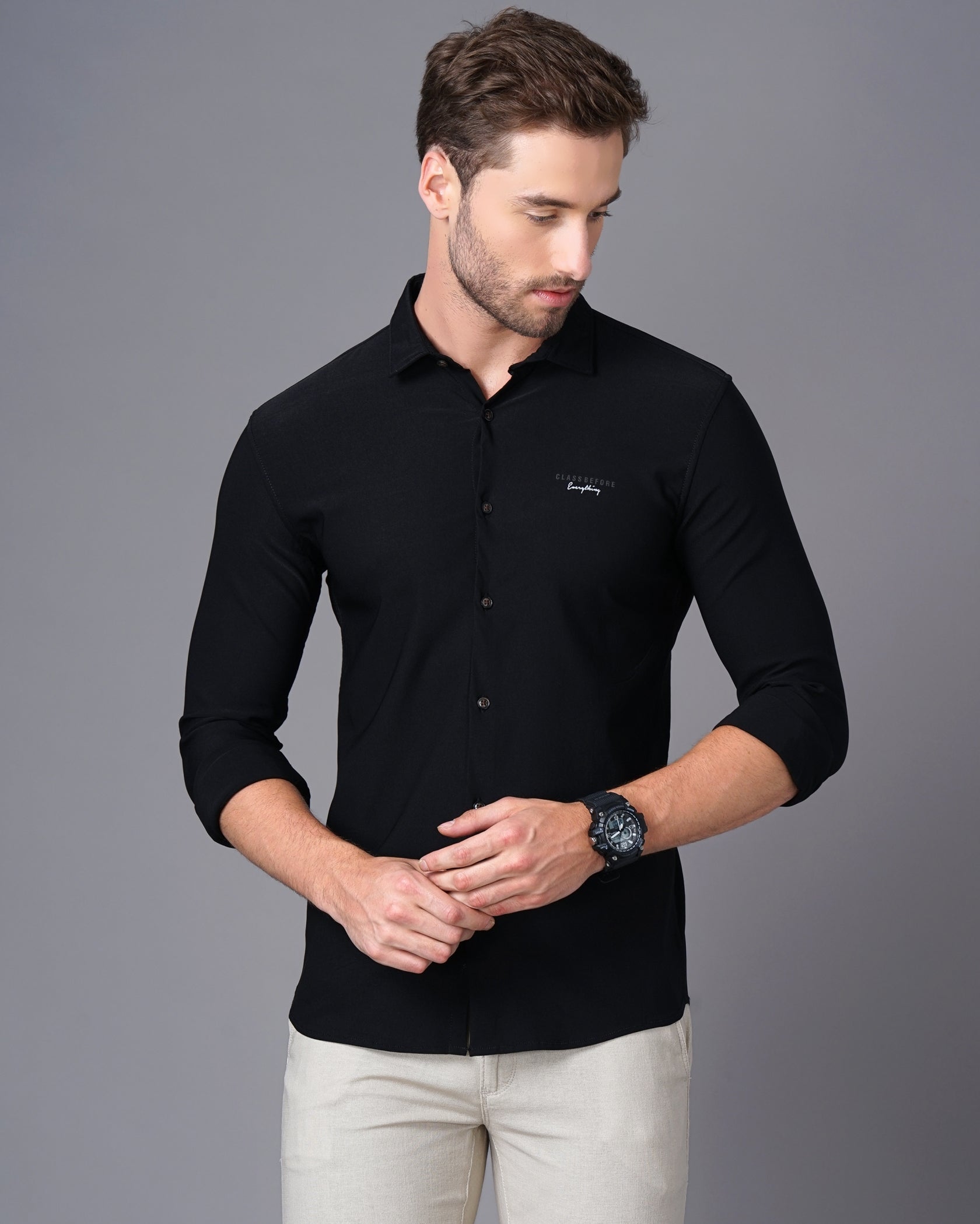Men Black Cotton Slim Shirt