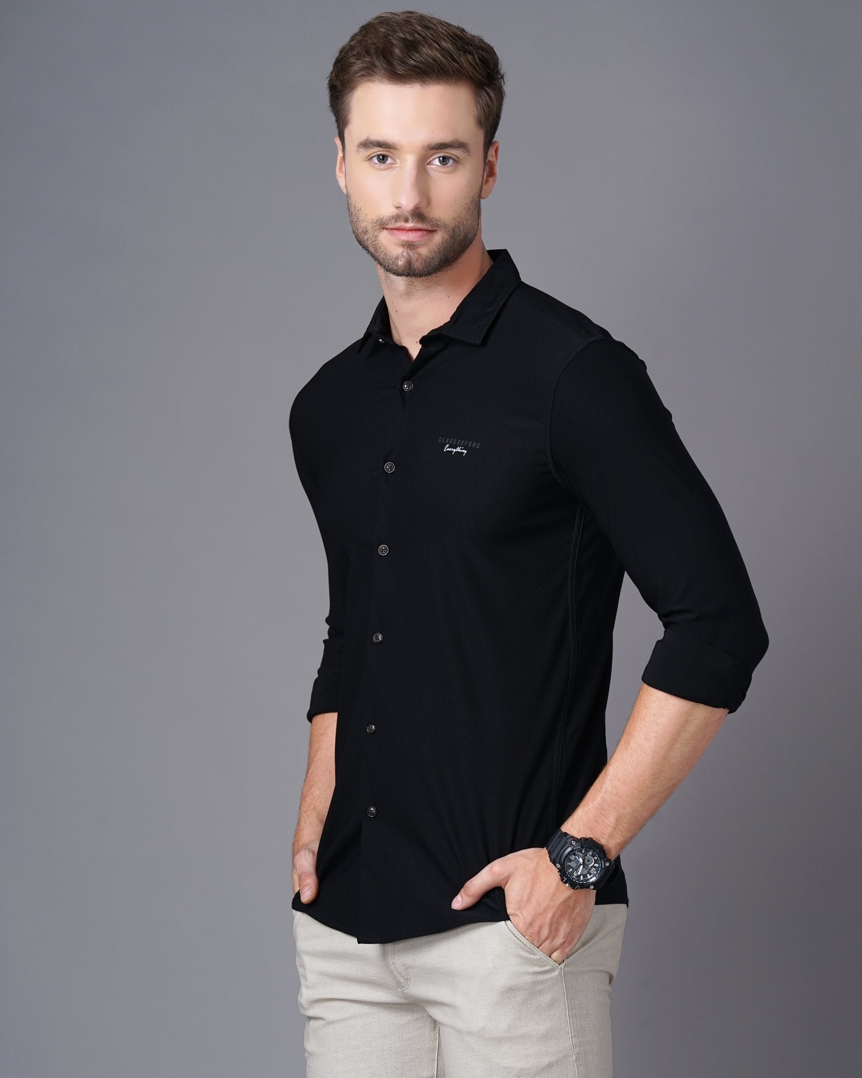 Men Black Cotton Slim Shirt