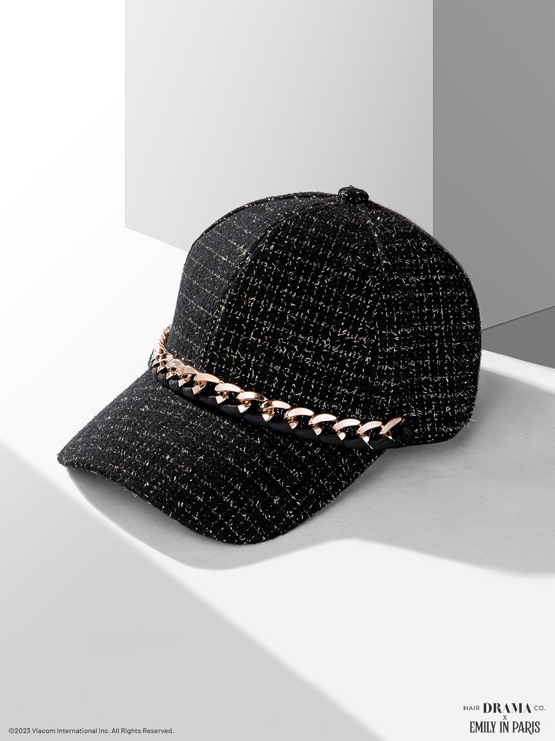 Women Black Tweed Baseball Cap With Gold Chain