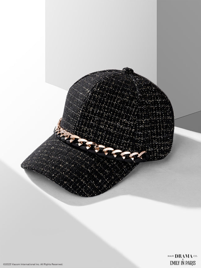 Women Black Tweed Baseball Cap With Gold Chain