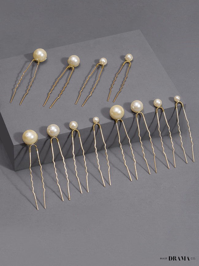 Women White Pearl Embellished Pins Set Of 12