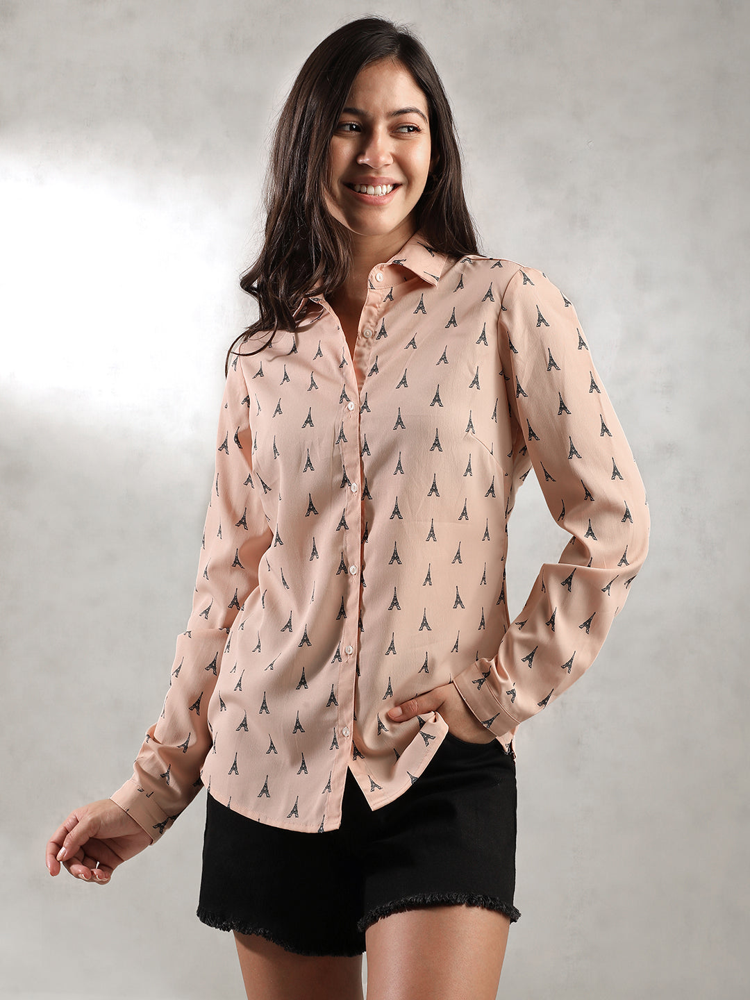 Women Peach Regular Fit Printed Shirt