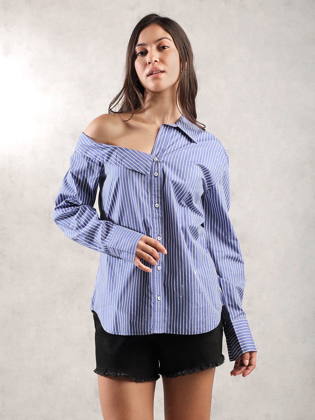 Women Blue Asymmetric Collar Shirt