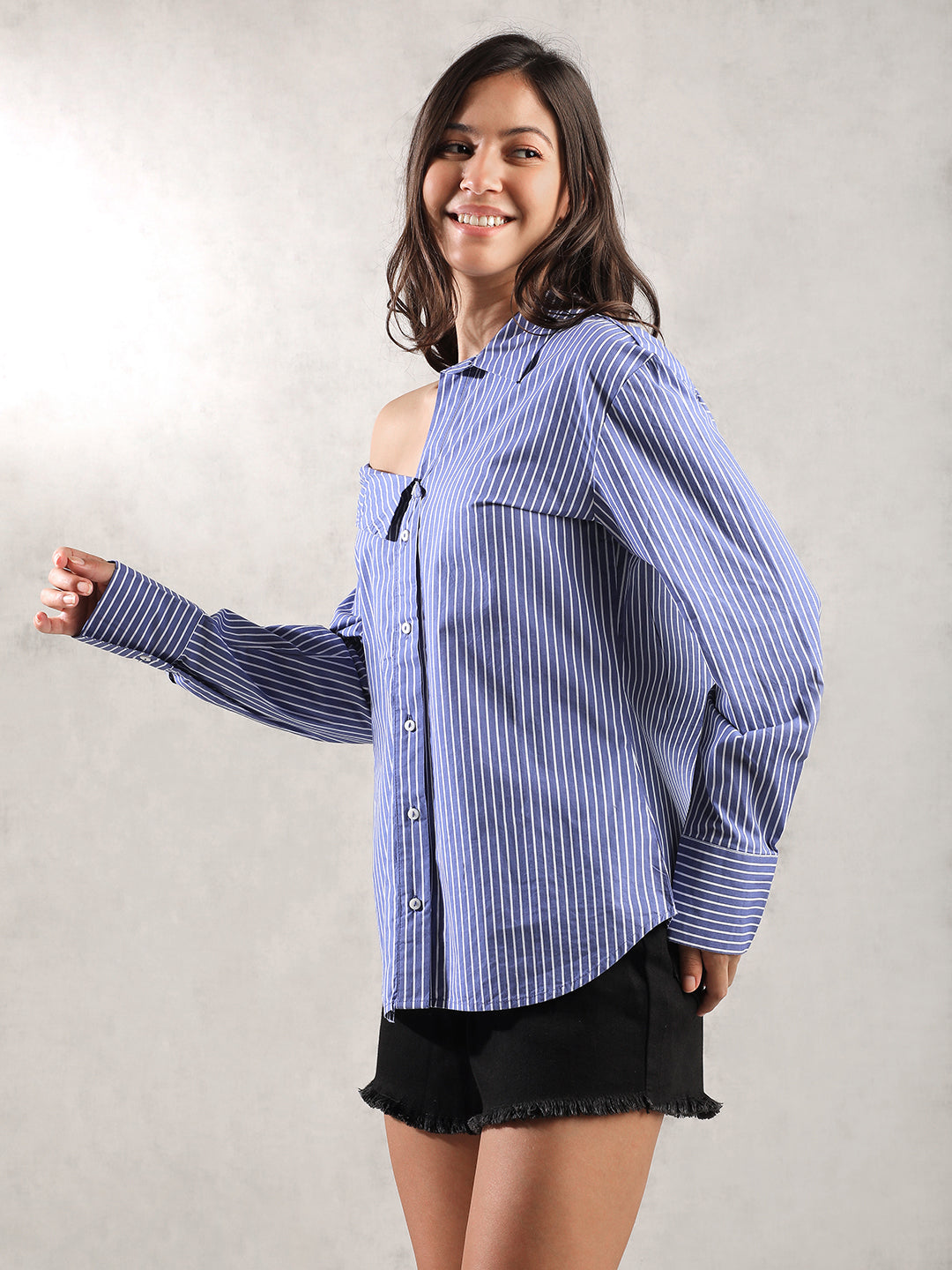 Women Blue Asymmetric Collar Shirt