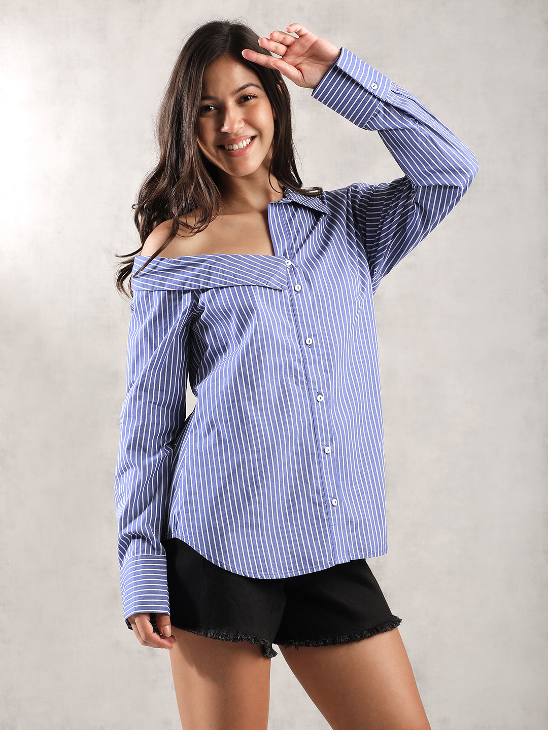 Women Blue Asymmetric Collar Shirt