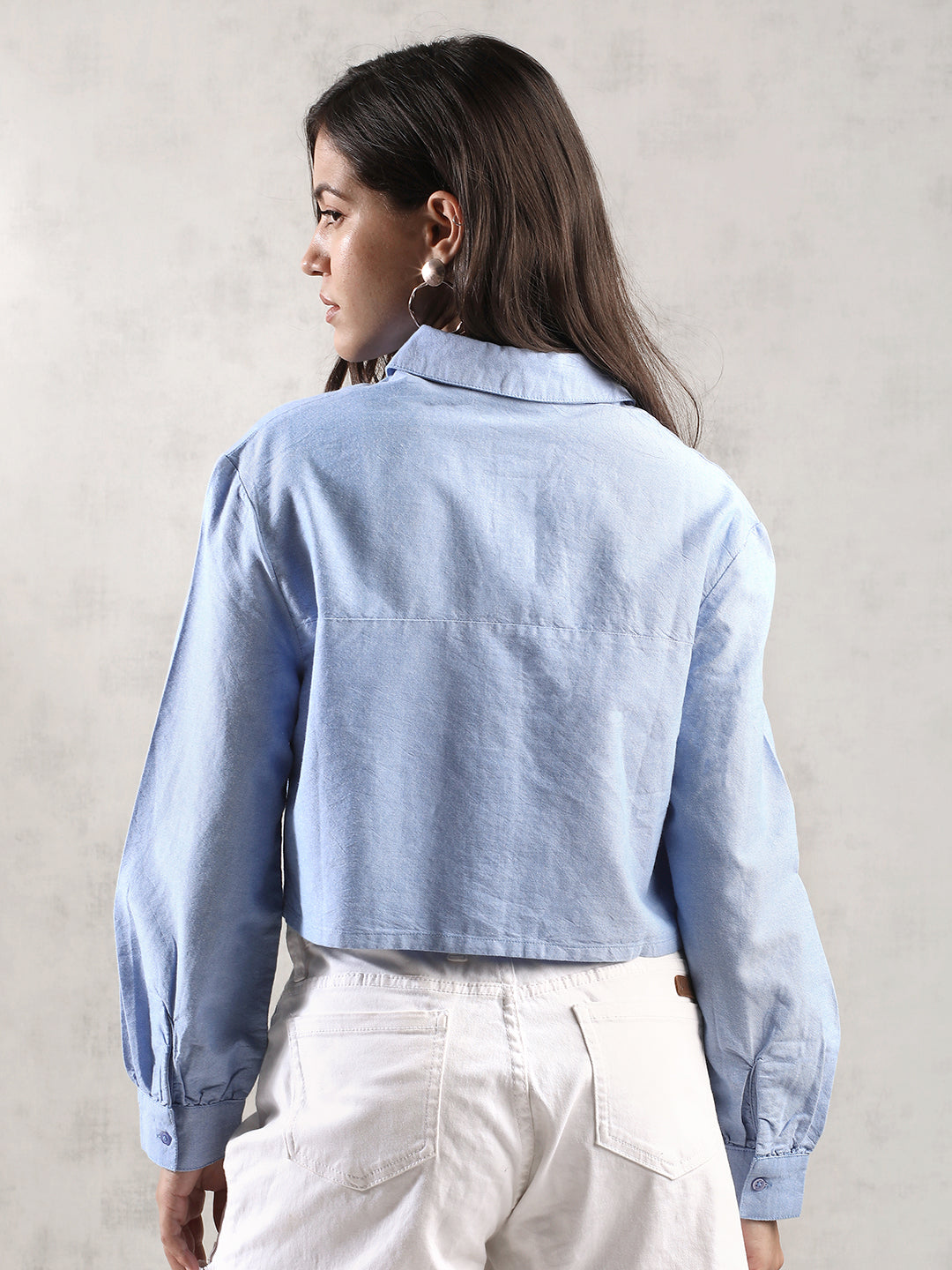 Women Light Blue Cropped Shirt