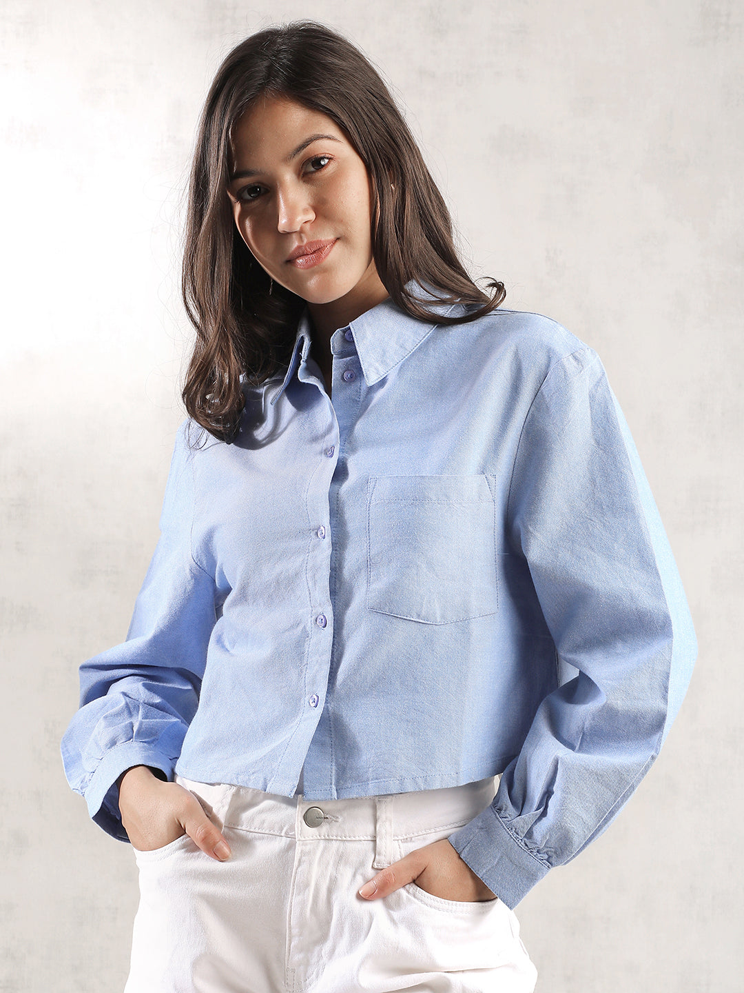 Women Light Blue Cropped Shirt