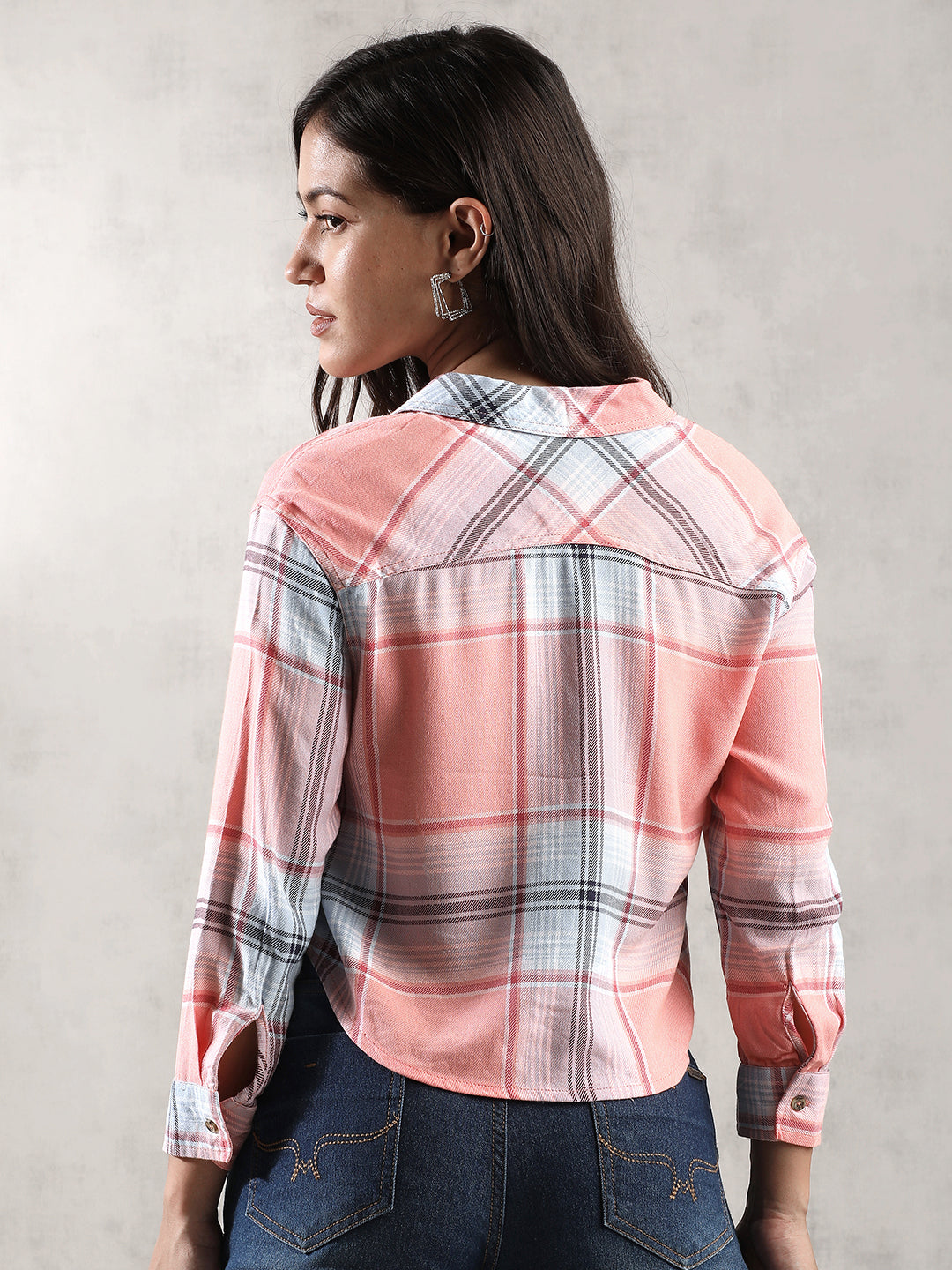 Women Pink Checked Cropped Shirt