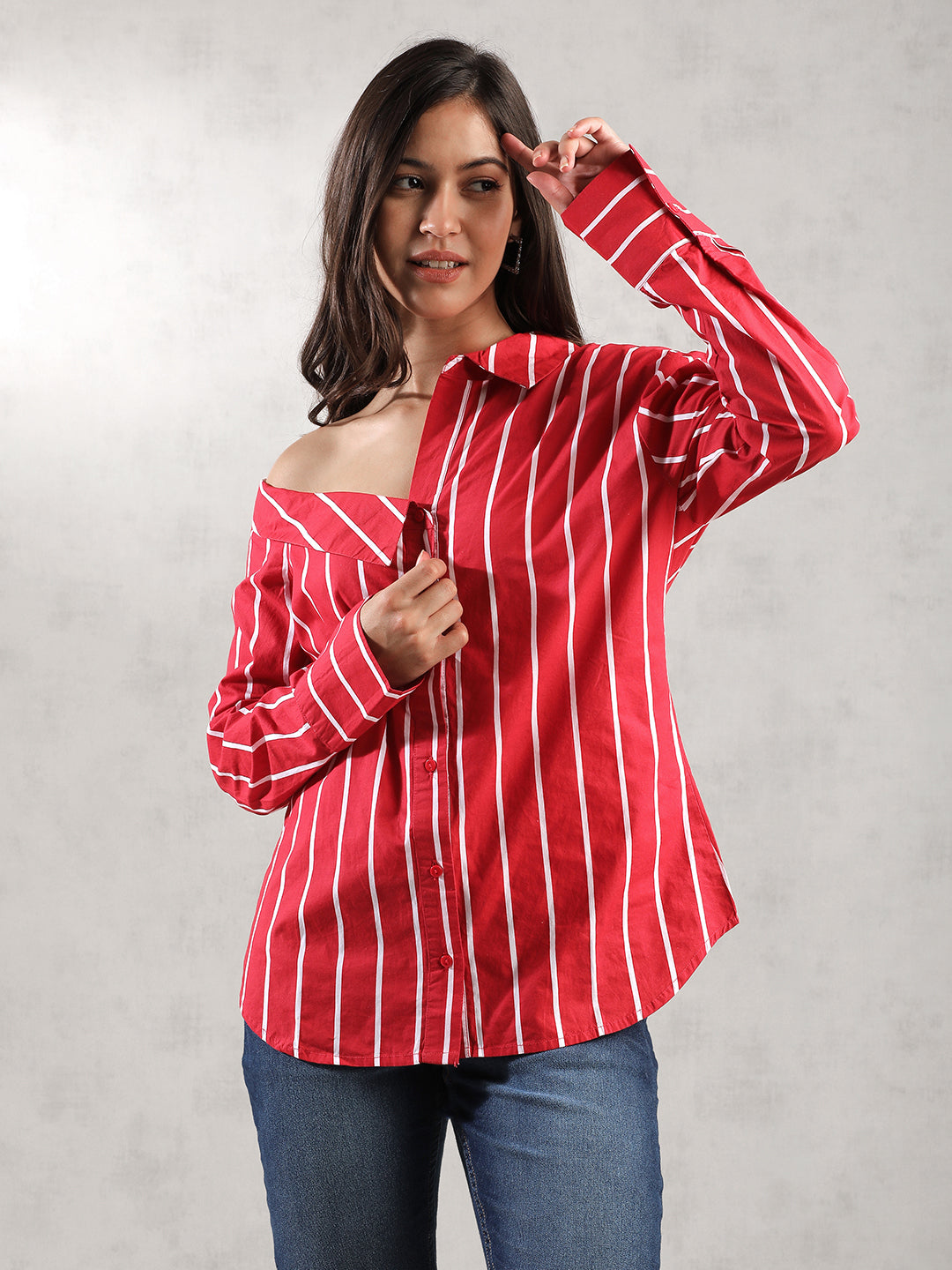 Women Red Asymmetrical Collar Shirt