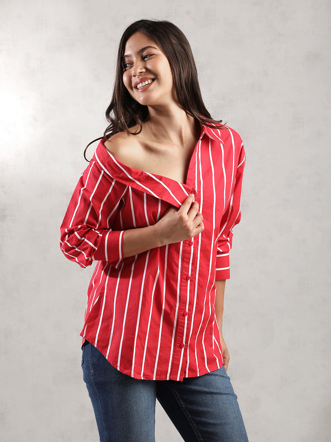 Women Red Asymmetrical Collar Shirt