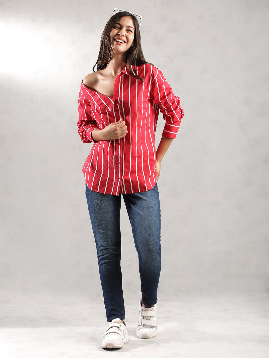 Women Red Asymmetrical Collar Shirt