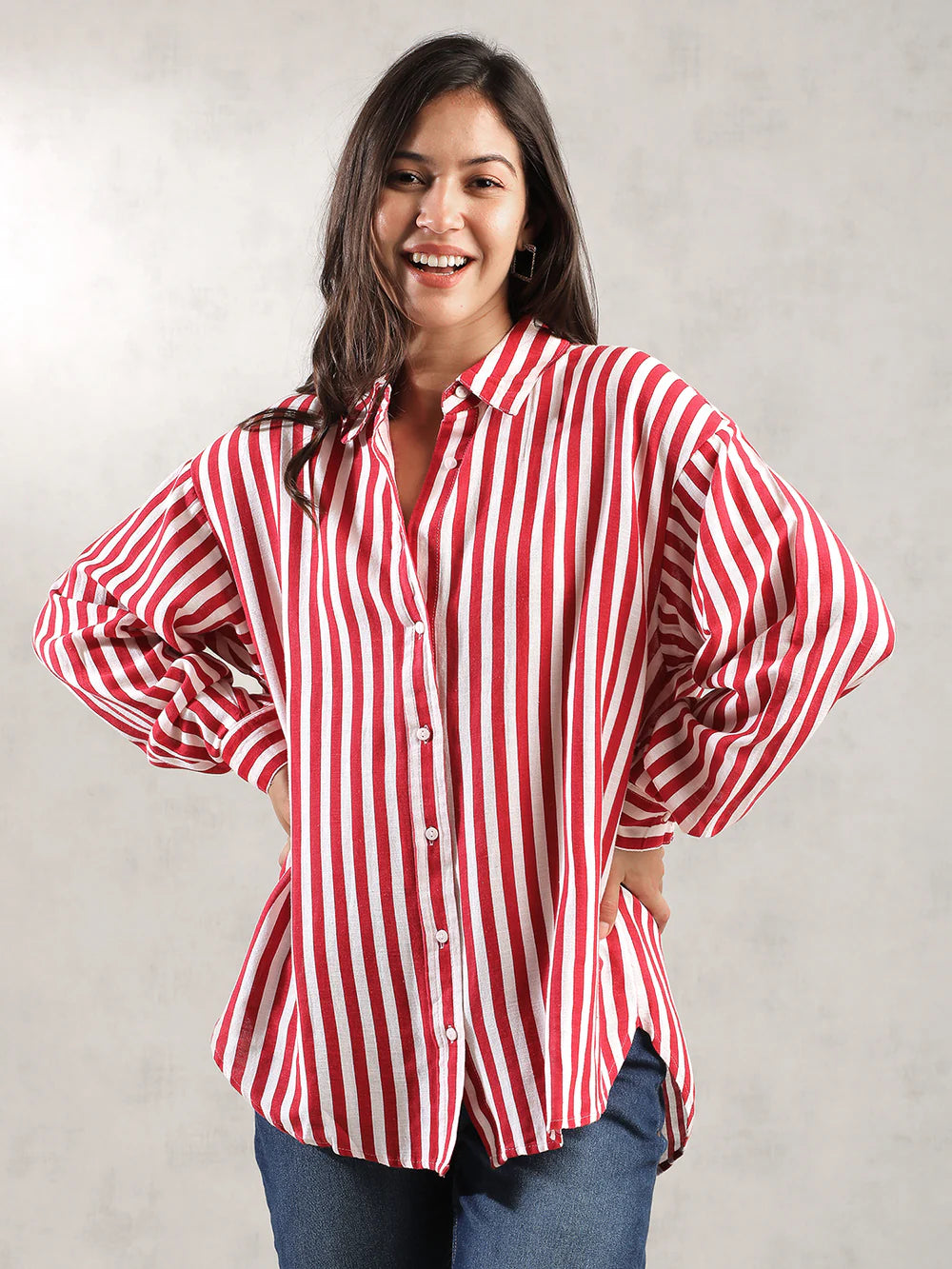 Women Red Striped Comfort Fit Shirt