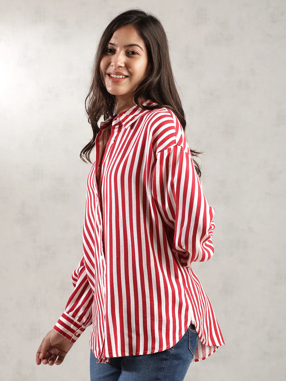 Women Red Striped Comfort Fit Shirt