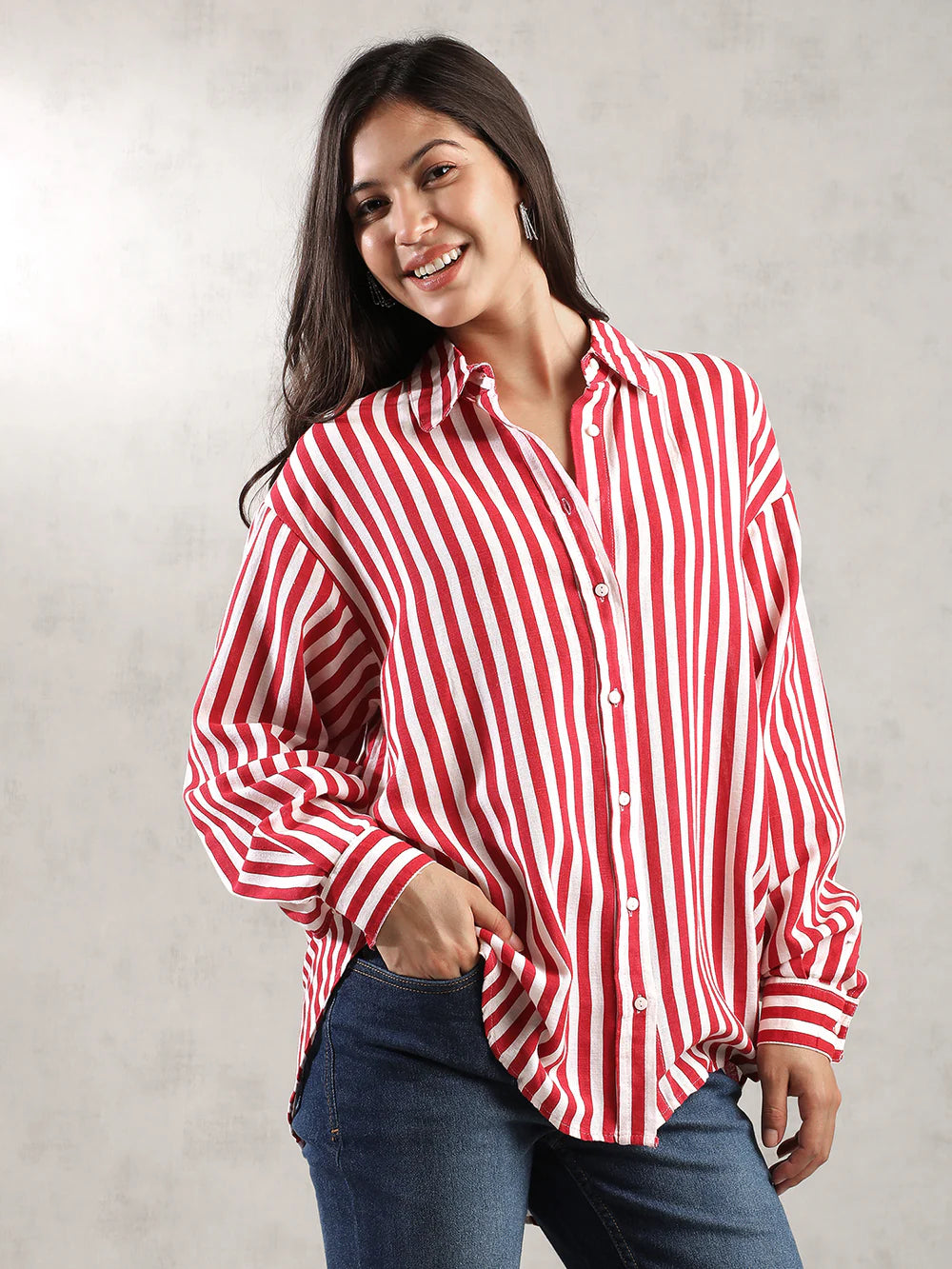 Women Red Striped Comfort Fit Shirt