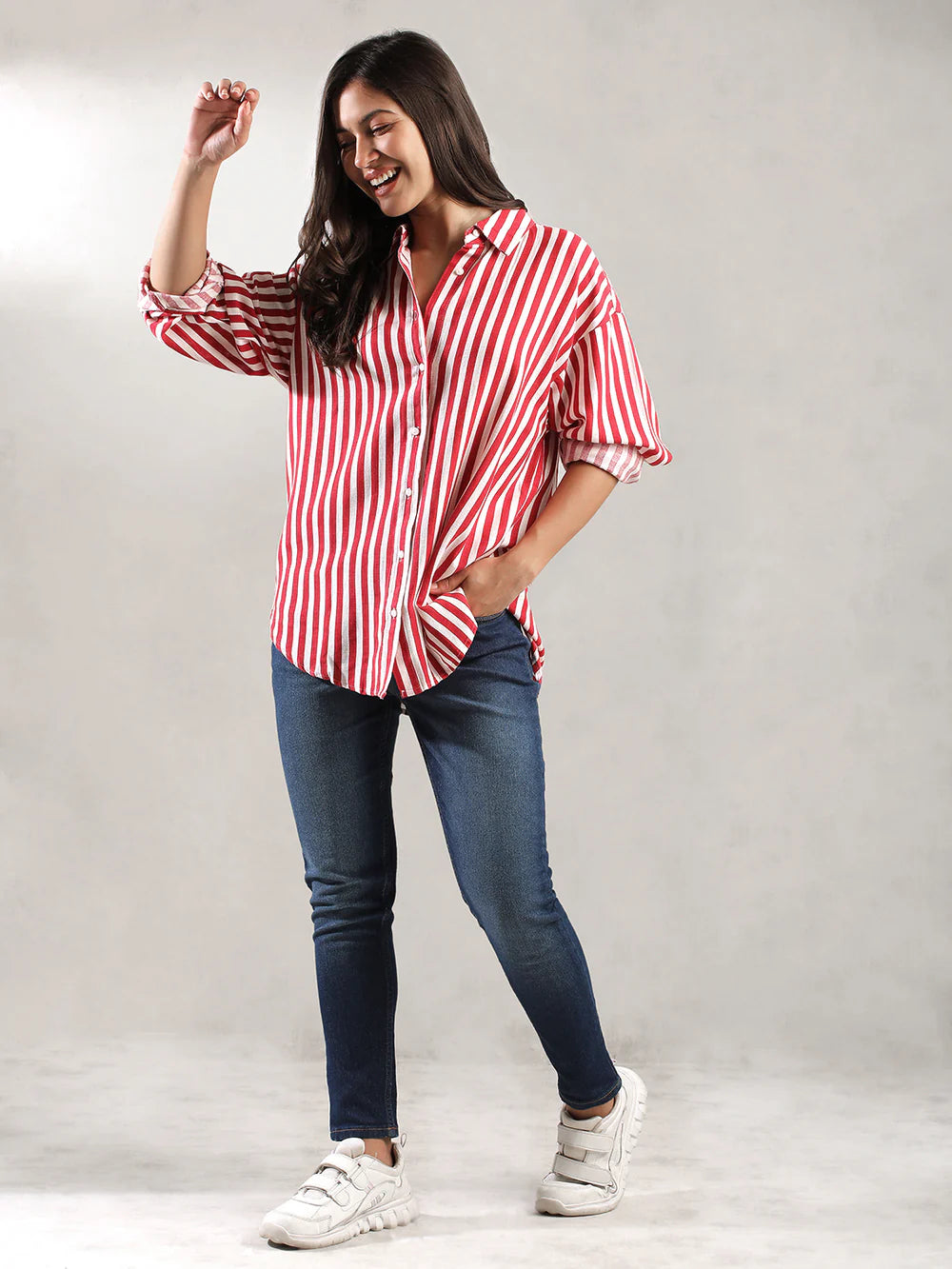 Women Red Striped Comfort Fit Shirt