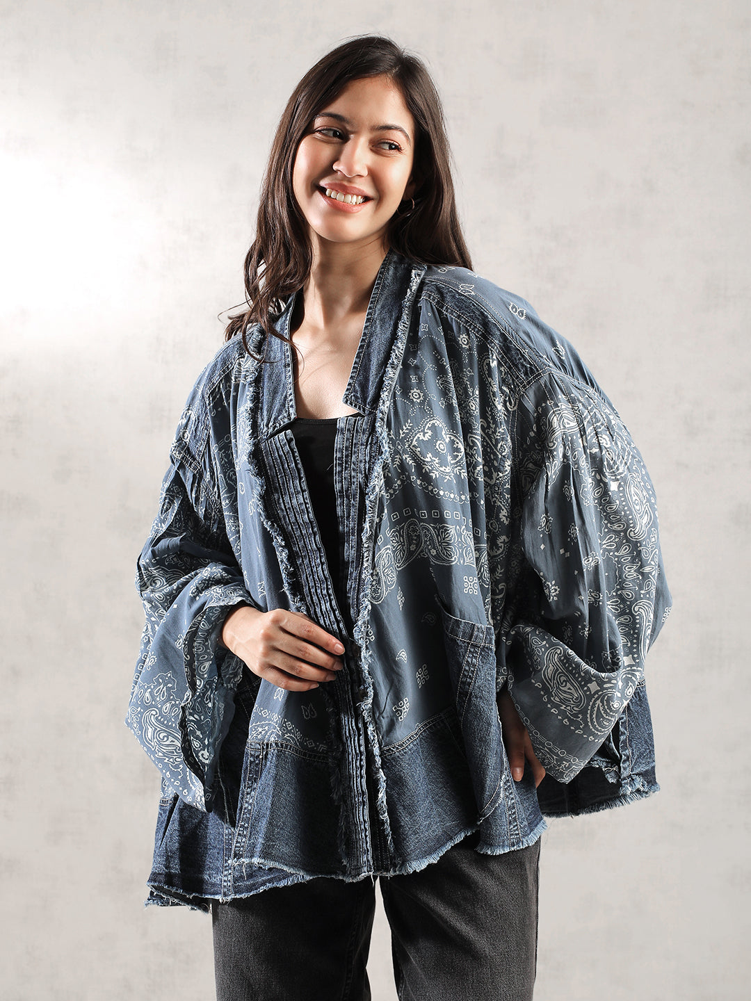 Women Blue Oversize Boho Denim Jacket