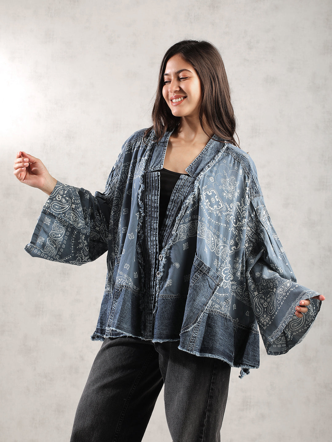 Women Blue Oversize Boho Denim Jacket