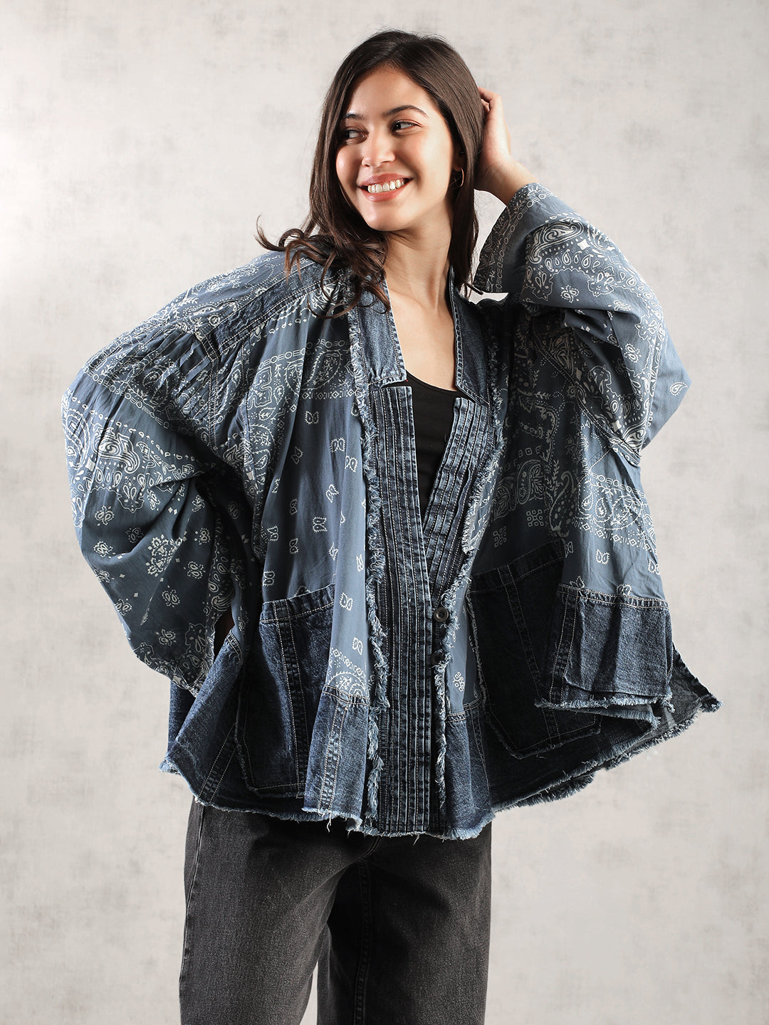 Women Blue Oversize Boho Denim Jacket